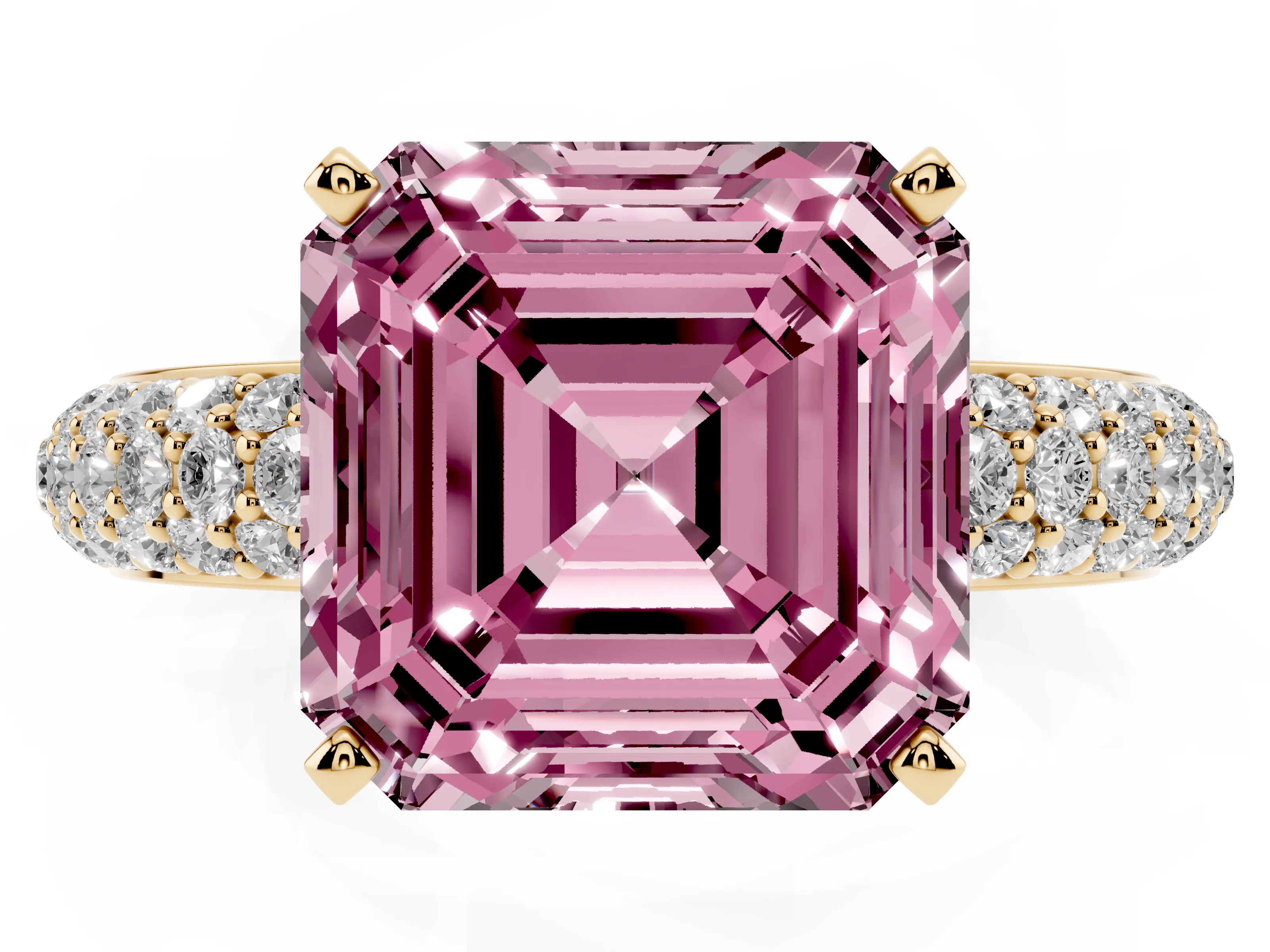 Fancy Pink Asscher Cut Diamond Solitaire Ring Set in Yellow gold with Prong Setting and Pavé-Set Band