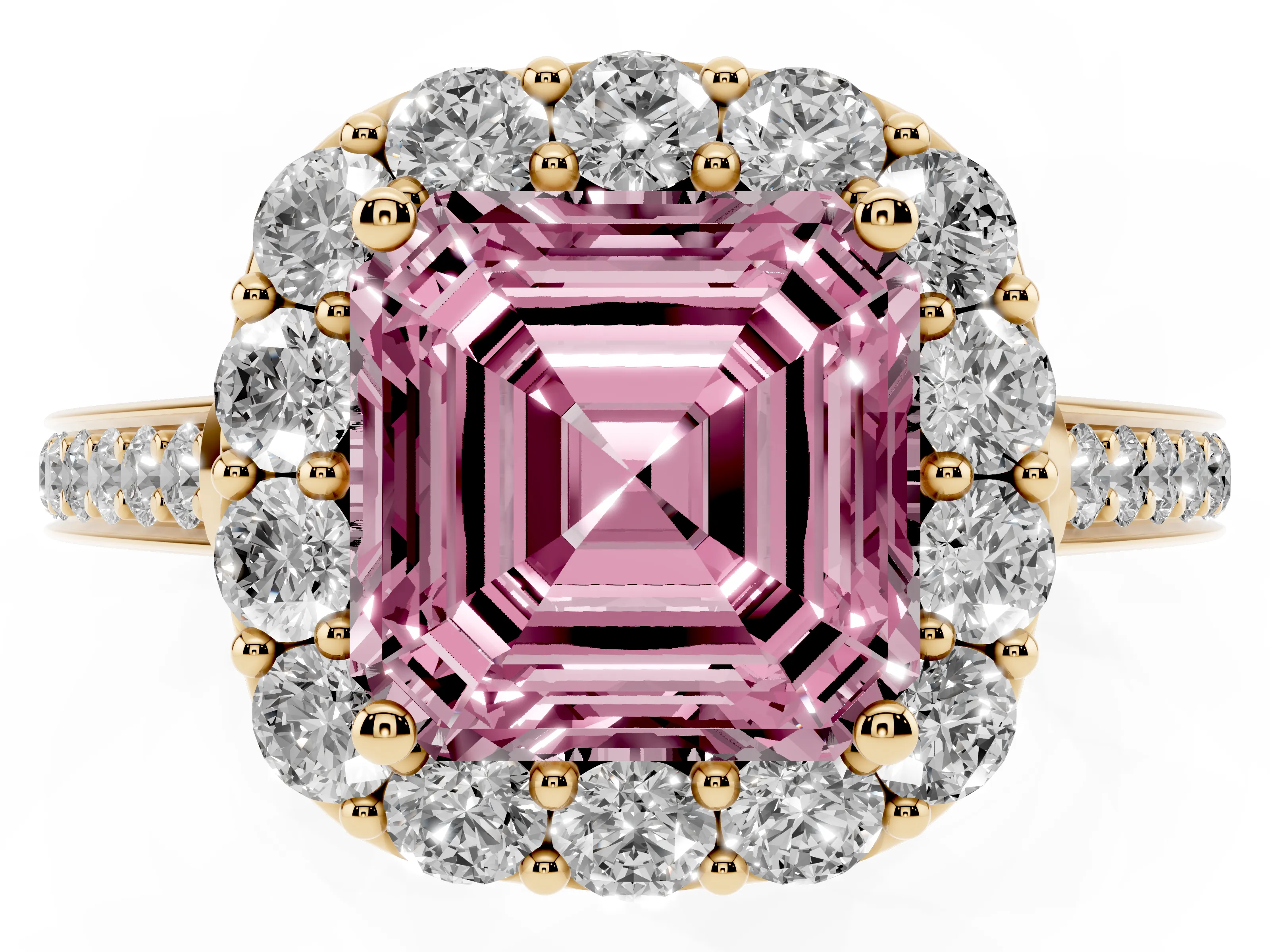 Fancy Pink Asscher Cut Diamond Floral Halo Ring Set in Yellow gold with Pavé Band and Prong Setting