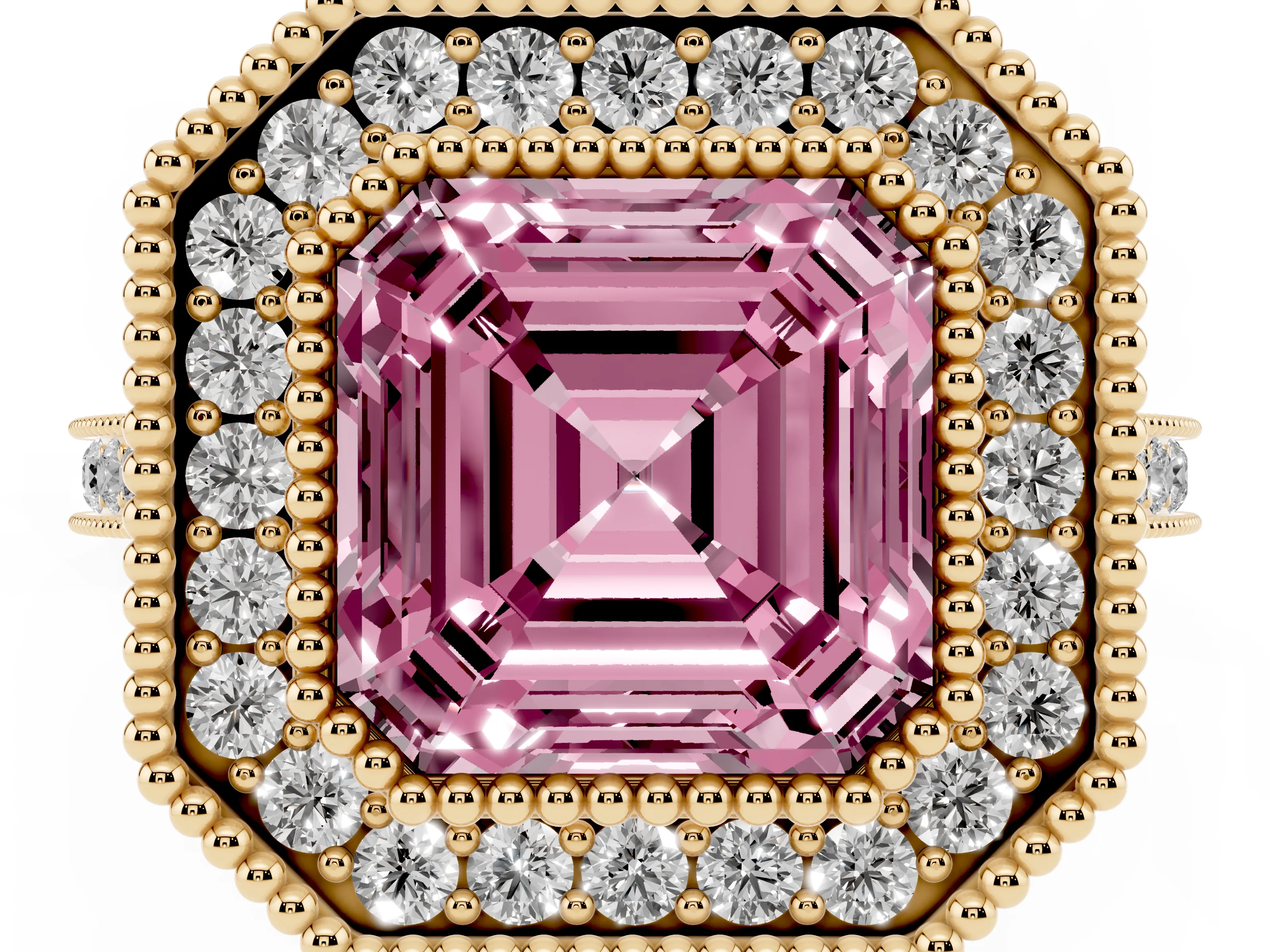 Fancy Pink Asscher Cut Diamond Halo Ring Set in Yellow gold with Milgrain Frame and Pavé Band