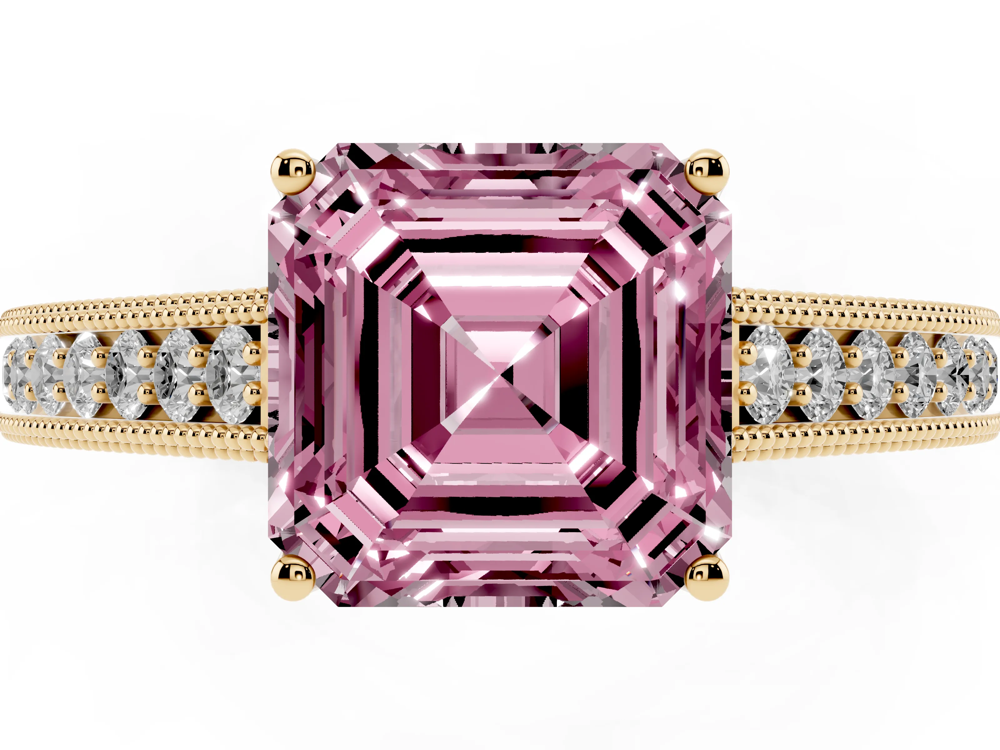 Fancy Pink Asscher Cut Diamond Milgrain Pavé Band Solitaire Ring Set in Yellow gold with Prong Setting
