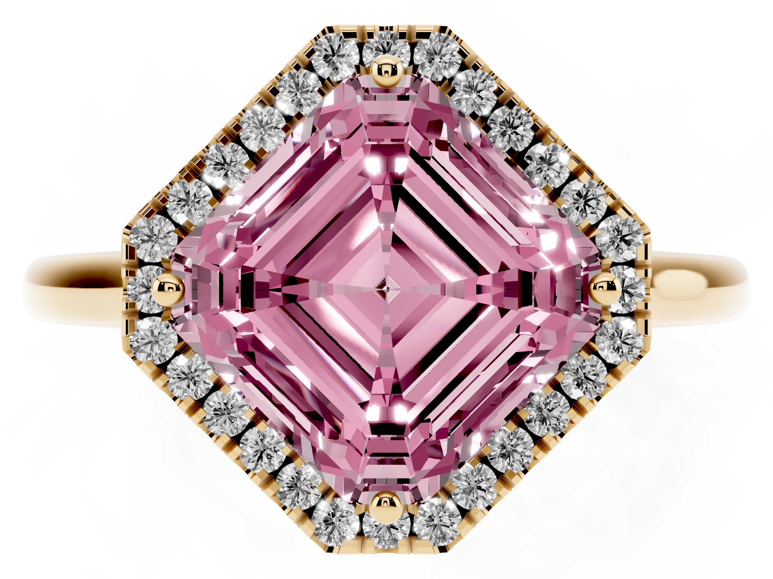 Fancy Pink Asscher Cut Diamond Halo Engagement Ring Set in Yellow gold with Pavé Band and Rising Shoulders