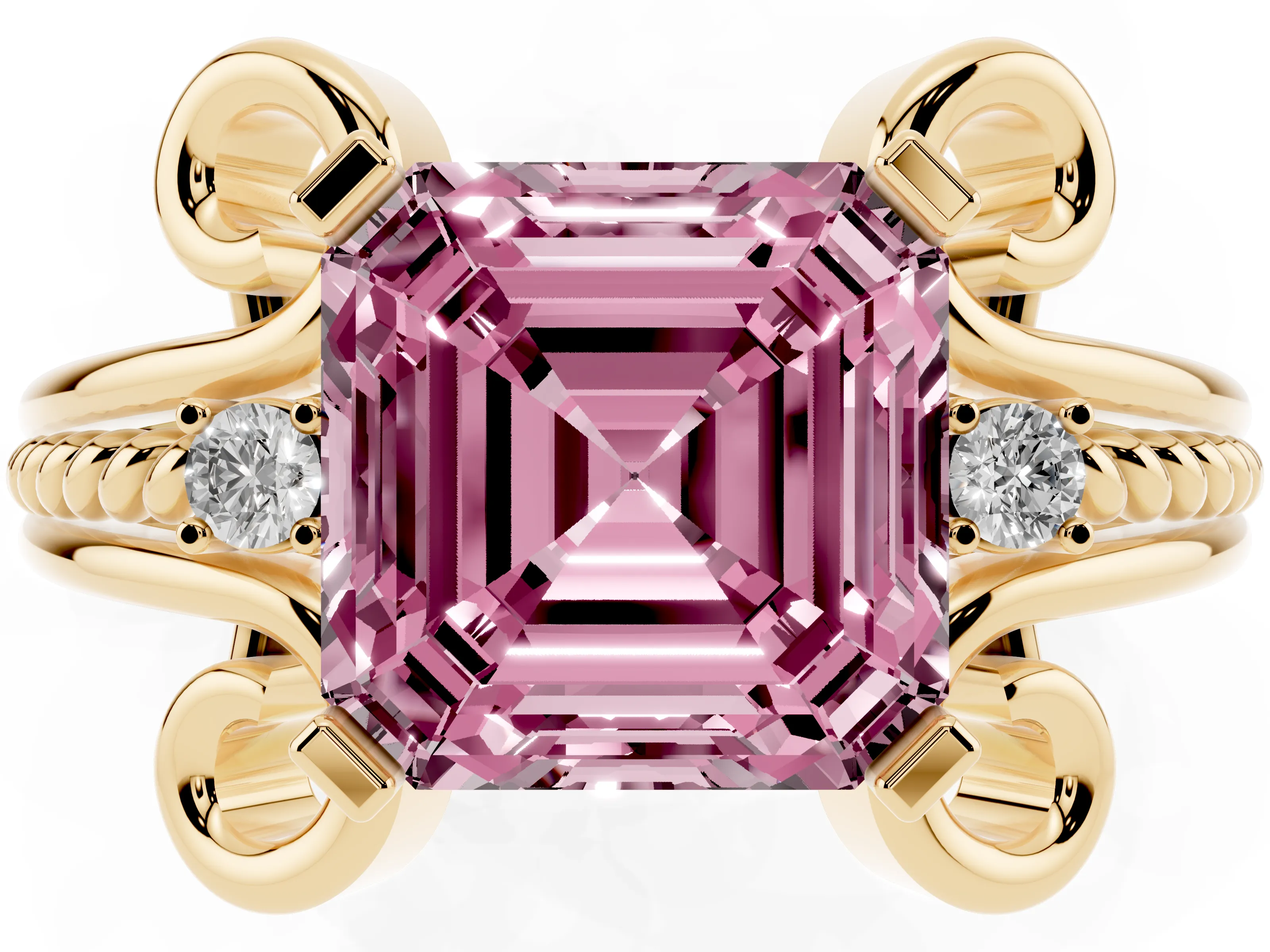 Fancy Pink Asscher Cut Diamond Twisted Band Solitaire Ring Set in Yellow gold with Scroll Prongs