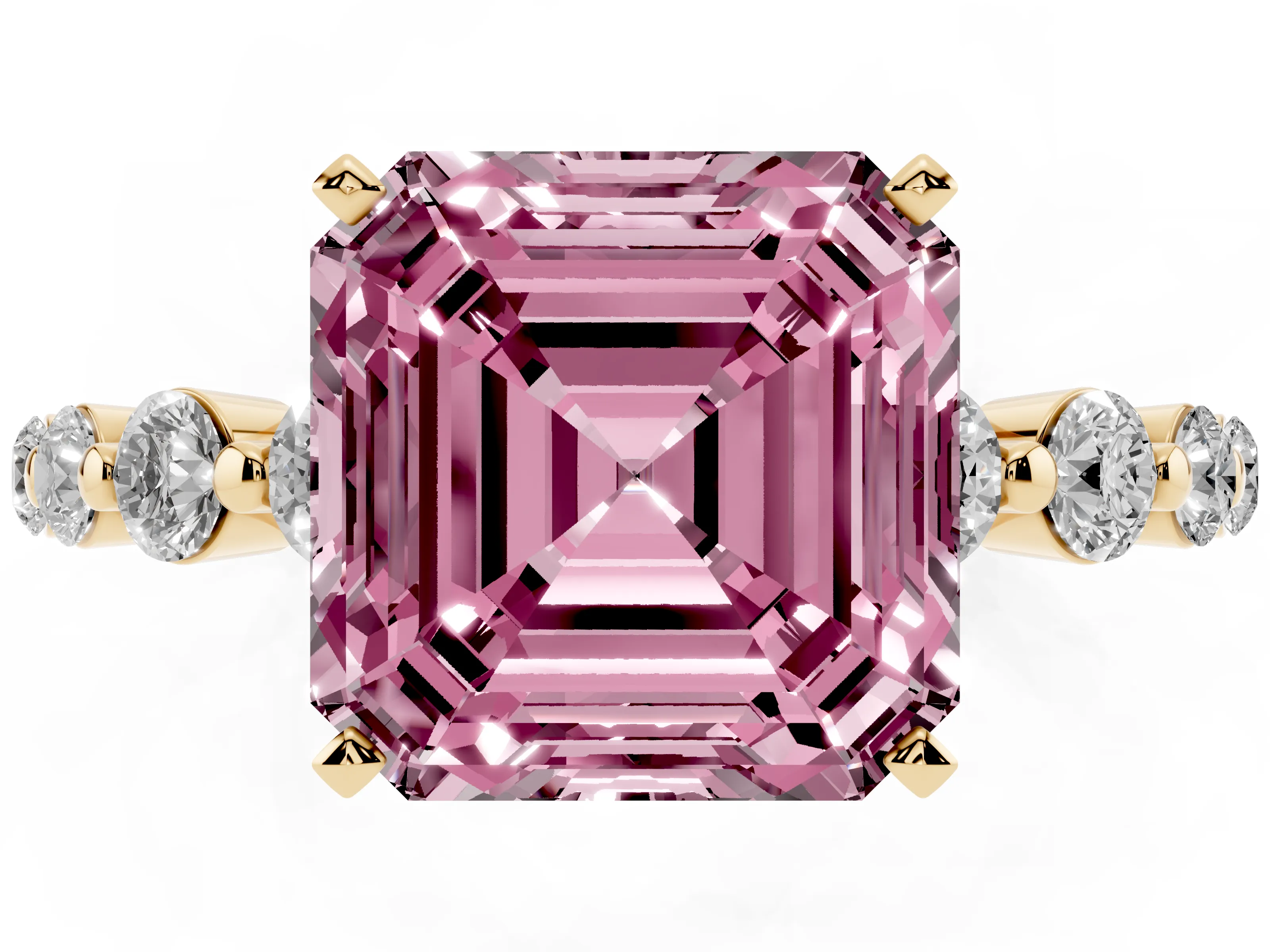 Fancy Pink Asscher Cut Diamond Solitaire Ring Set in Yellow gold with Pavé Band and Prong Setting