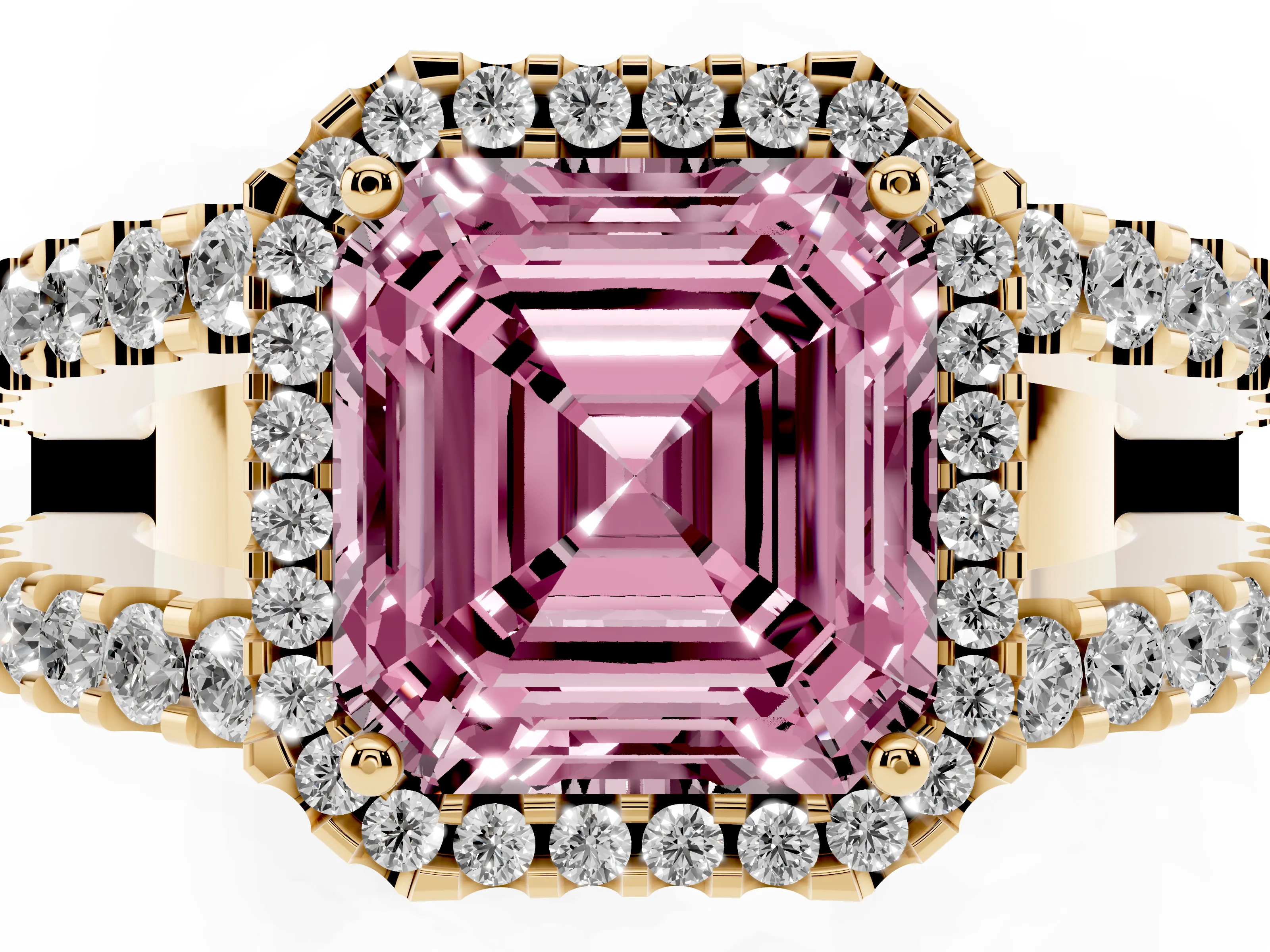 Fancy Pink Asscher Cut Diamond Halo Ring Set in Yellow gold with Pavé Split Shank and Prong Setting