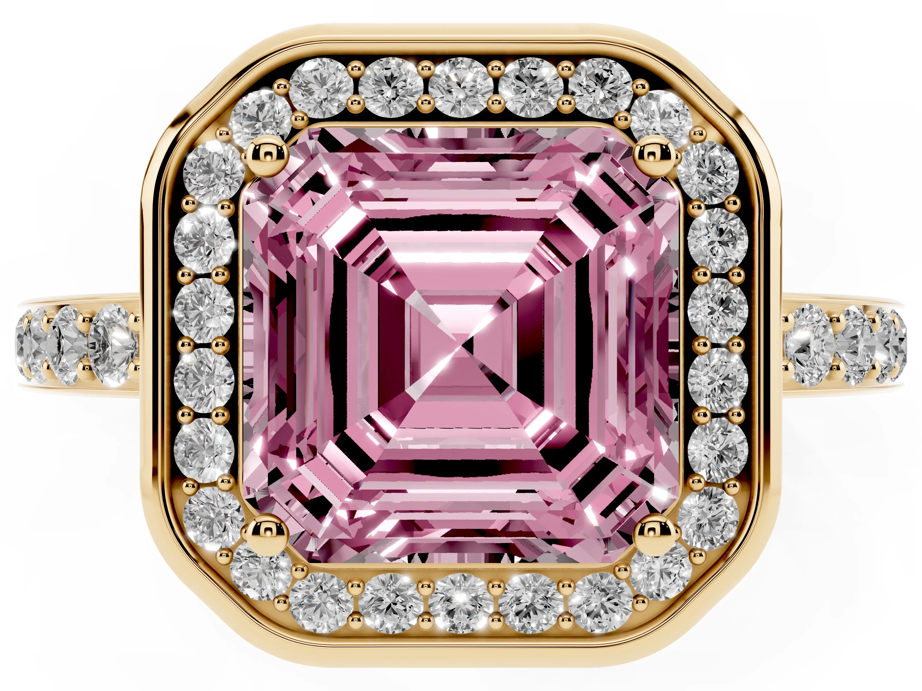 Fancy Pink Asscher Cut Diamond Halo Ring Set in Yellow gold with Bezel Frame and Pavé Band