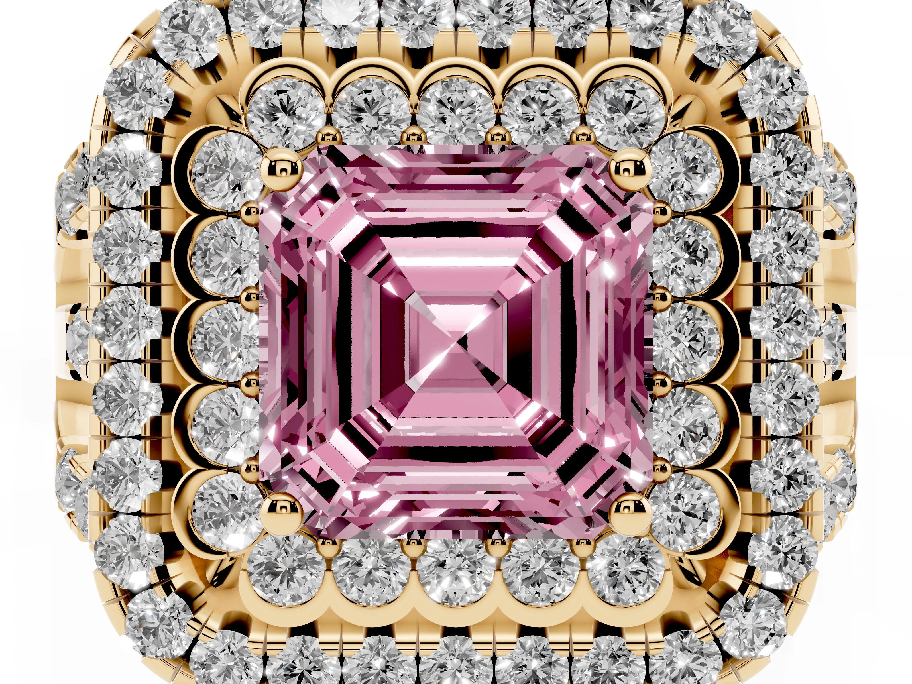 Fancy Pink Asscher Cut Diamond Double Halo Ring Set in Yellow gold with Round Pavé Split Shank