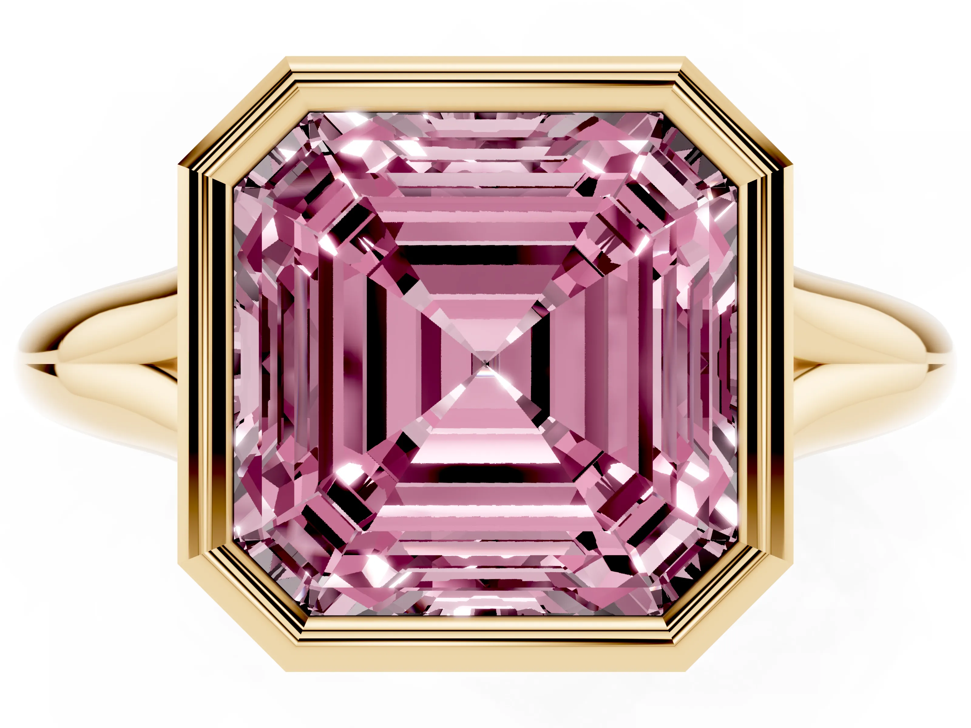 Fancy Pink Bezel Set Asscher Cut Diamond Solitaire Ring Set in Yellow gold with Smooth Band