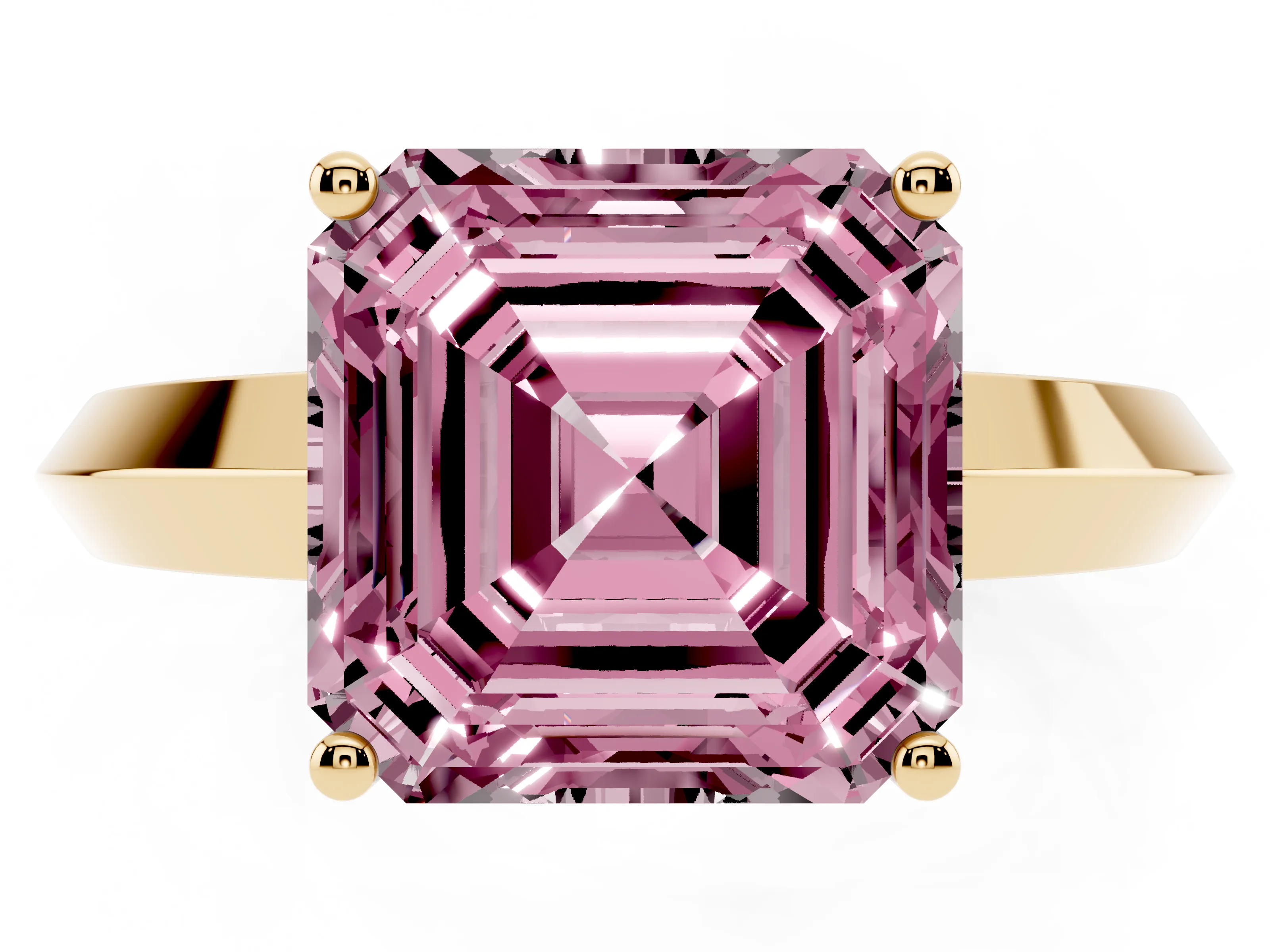 Fancy Pink Asscher Cut Diamond Solitaire Engagement Ring Set in Yellow gold with Flat Band and Prong Setting