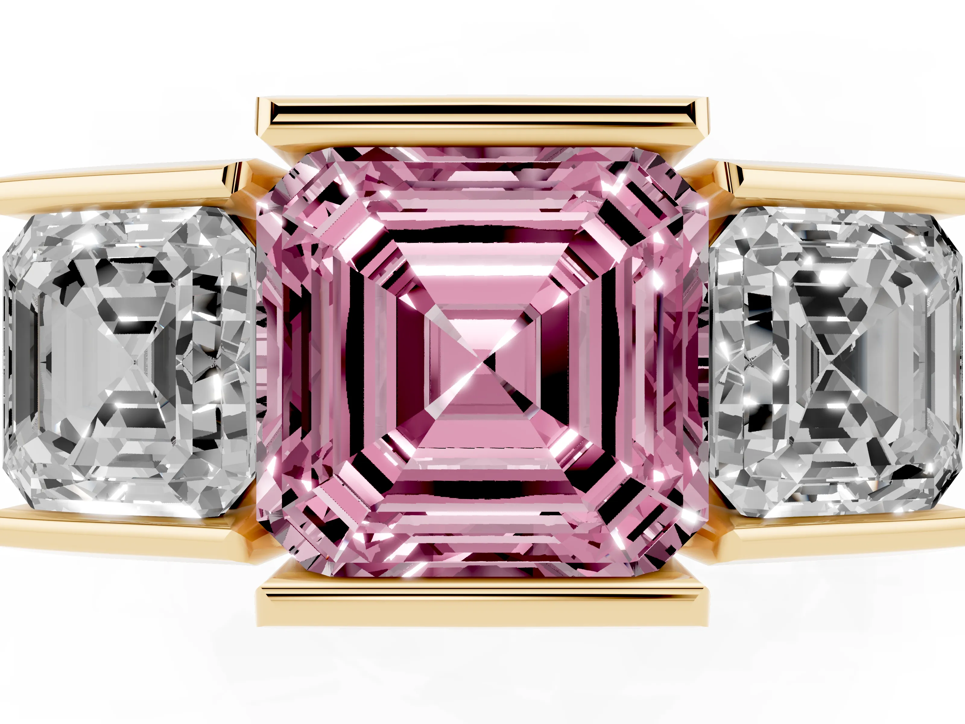 Fancy Pink Asscher Cut Diamond Three-Stone Channel Set Ring Set in Yellow gold with Smooth Polished Band