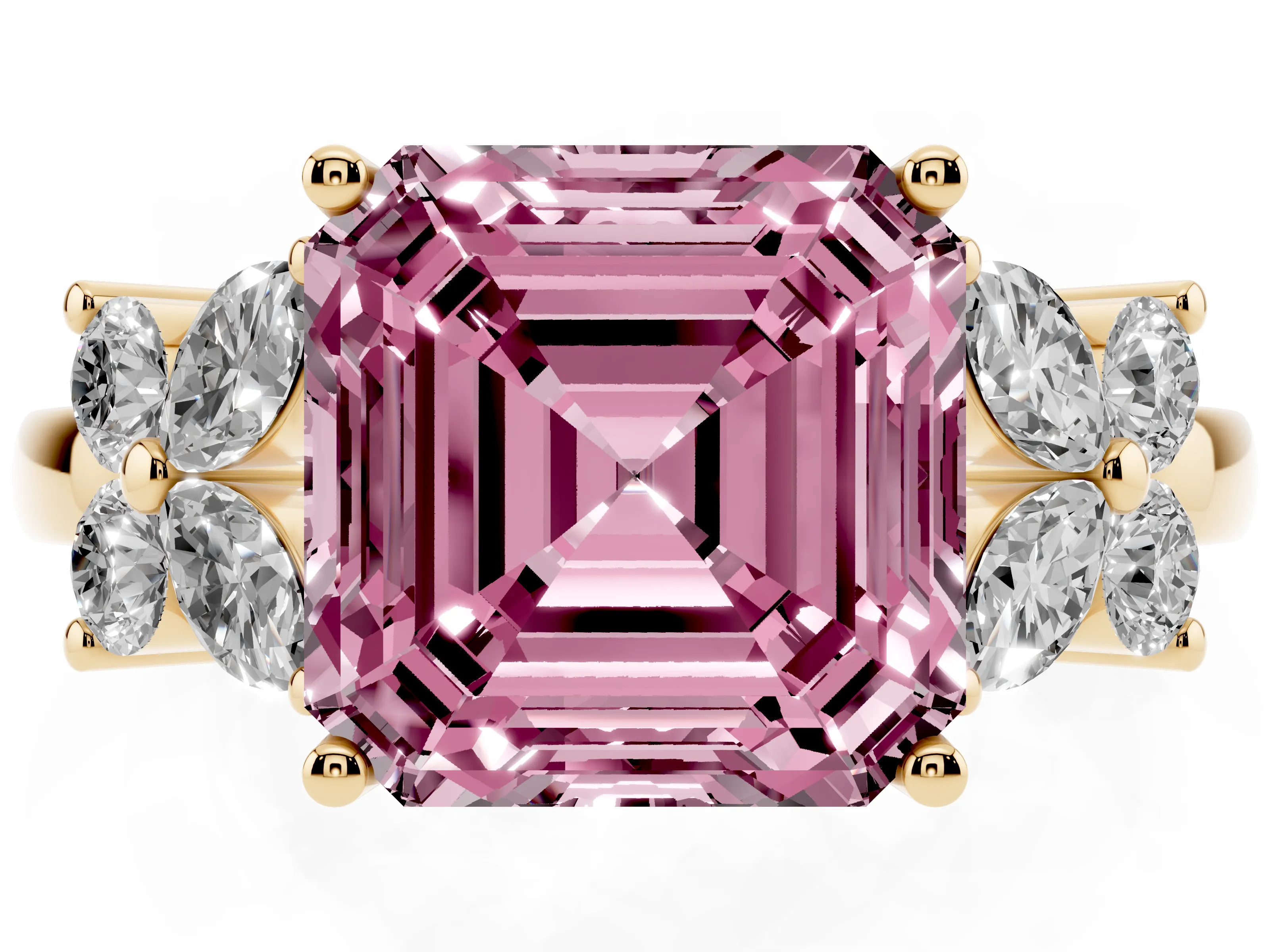 Fancy Pink Asscher Cut Diamond Floral Cluster Ring Set in Yellow gold with Marquise Petals and Prong Setting