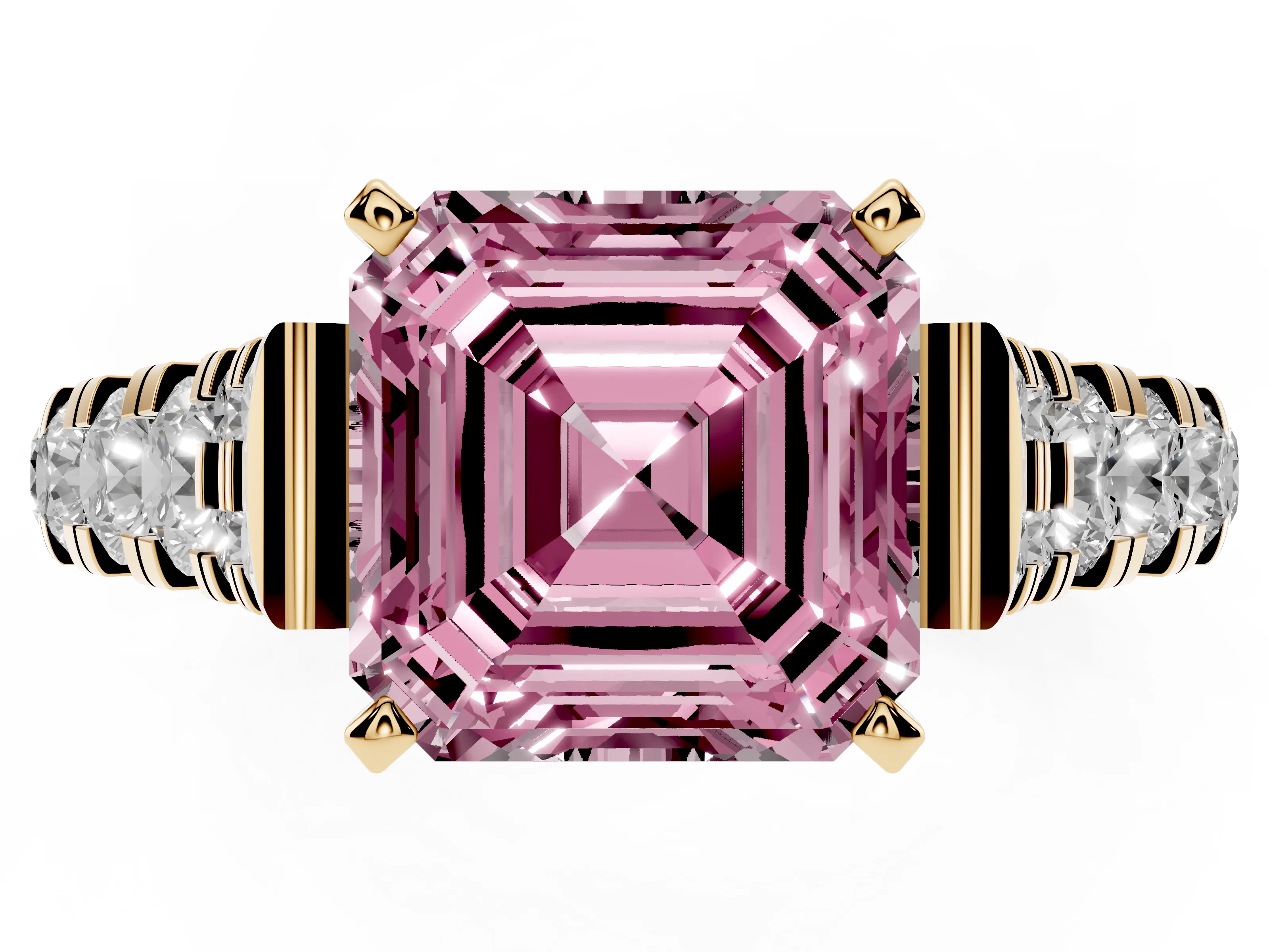 Fancy Pink Asscher Cut Diamond Classic Solitaire Ring Set in Yellow gold with Pavé Band and Prong Setting