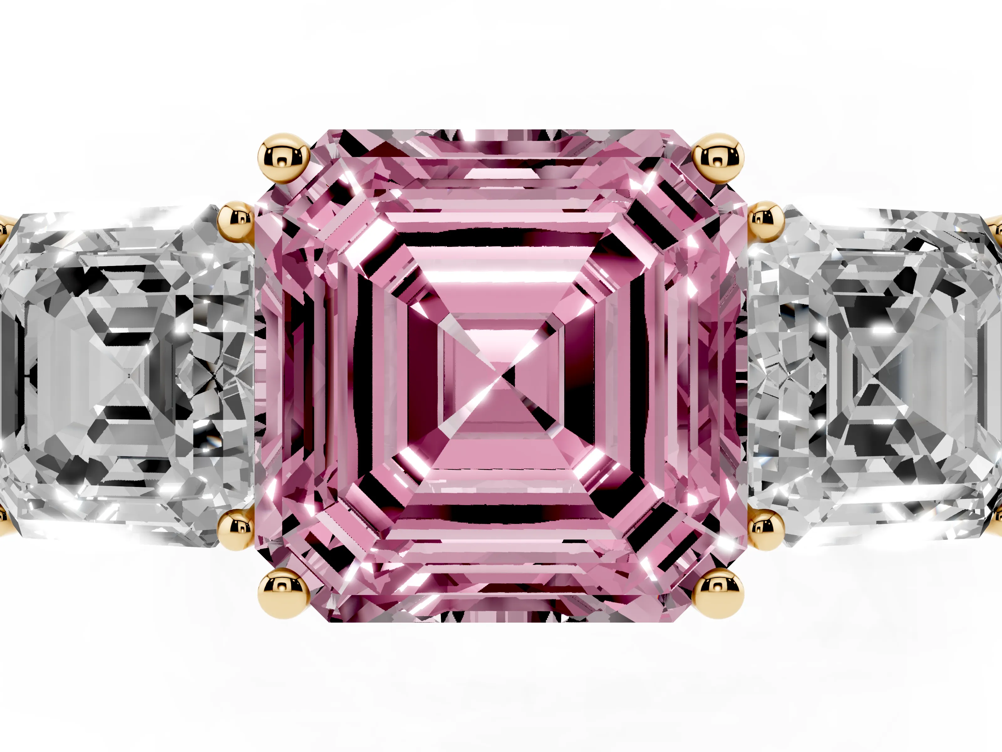 Fancy Pink Asscher Cut Diamond Three-Stone Engagement Ring Set in Yellow gold with Flat Band