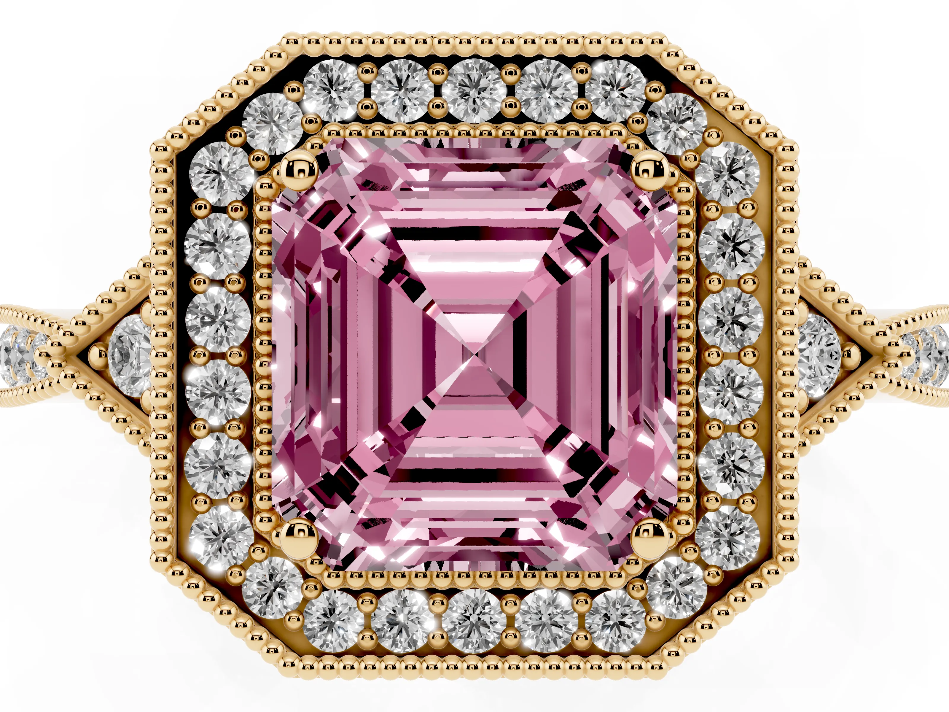 Fancy Pink Asscher Cut Diamond Halo Engagement Ring Set in Yellow gold with Milgrain Pavé Band