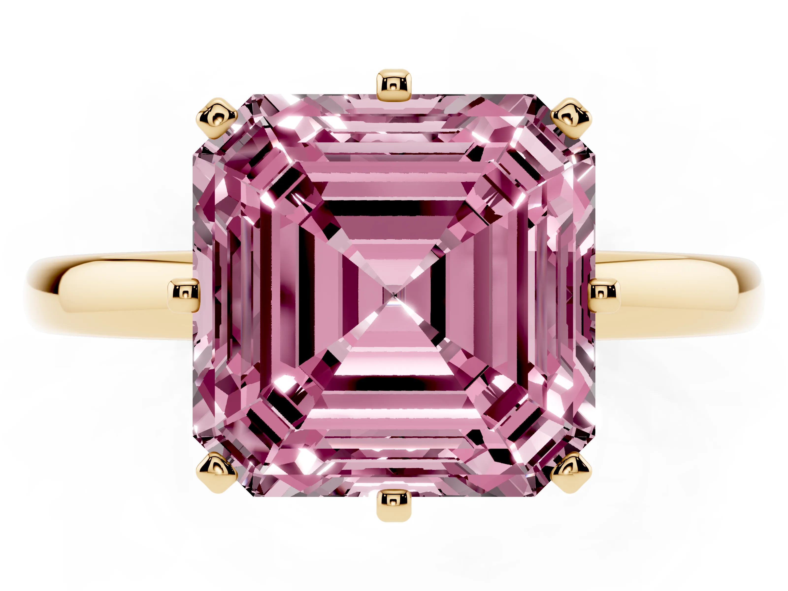 Fancy Pink Asscher Cut Diamond Solitaire Ring Set in Yellow gold with Raised Prong Setting on a Classic Band