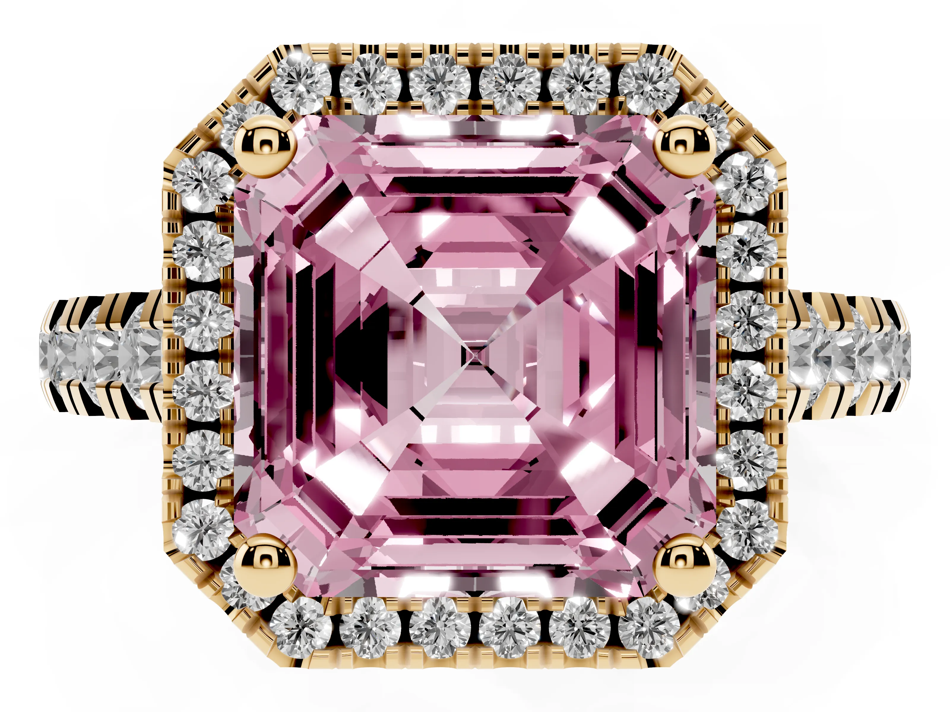 Fancy Pink Asscher Cut Diamond Halo Engagement Ring Set in Yellow gold with Pavé Band and Prong-Set Center