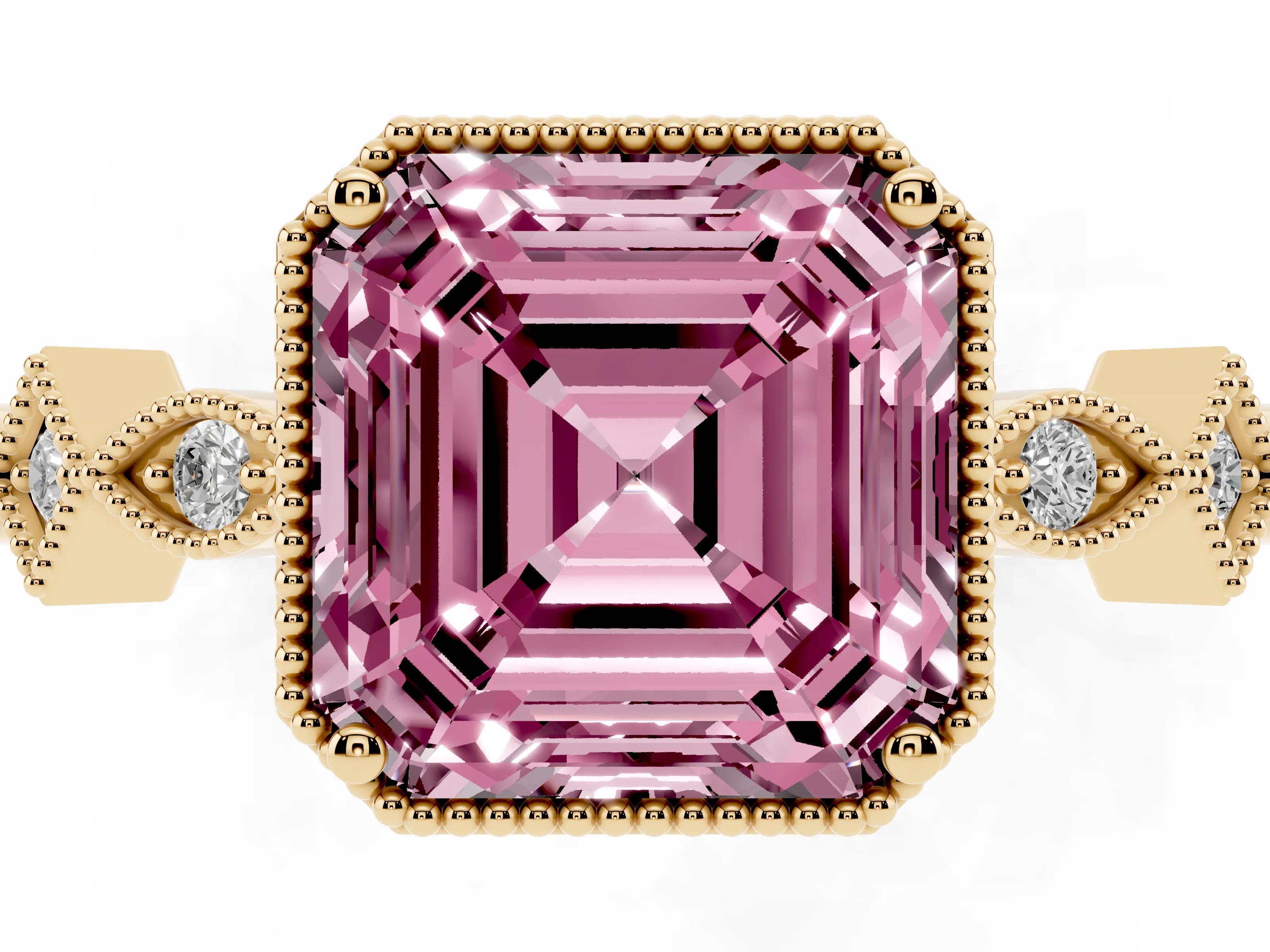 Fancy Pink Asscher Cut Diamond Milgrain Marquise Twist Band Ring Set in Yellow gold with Prong Setting