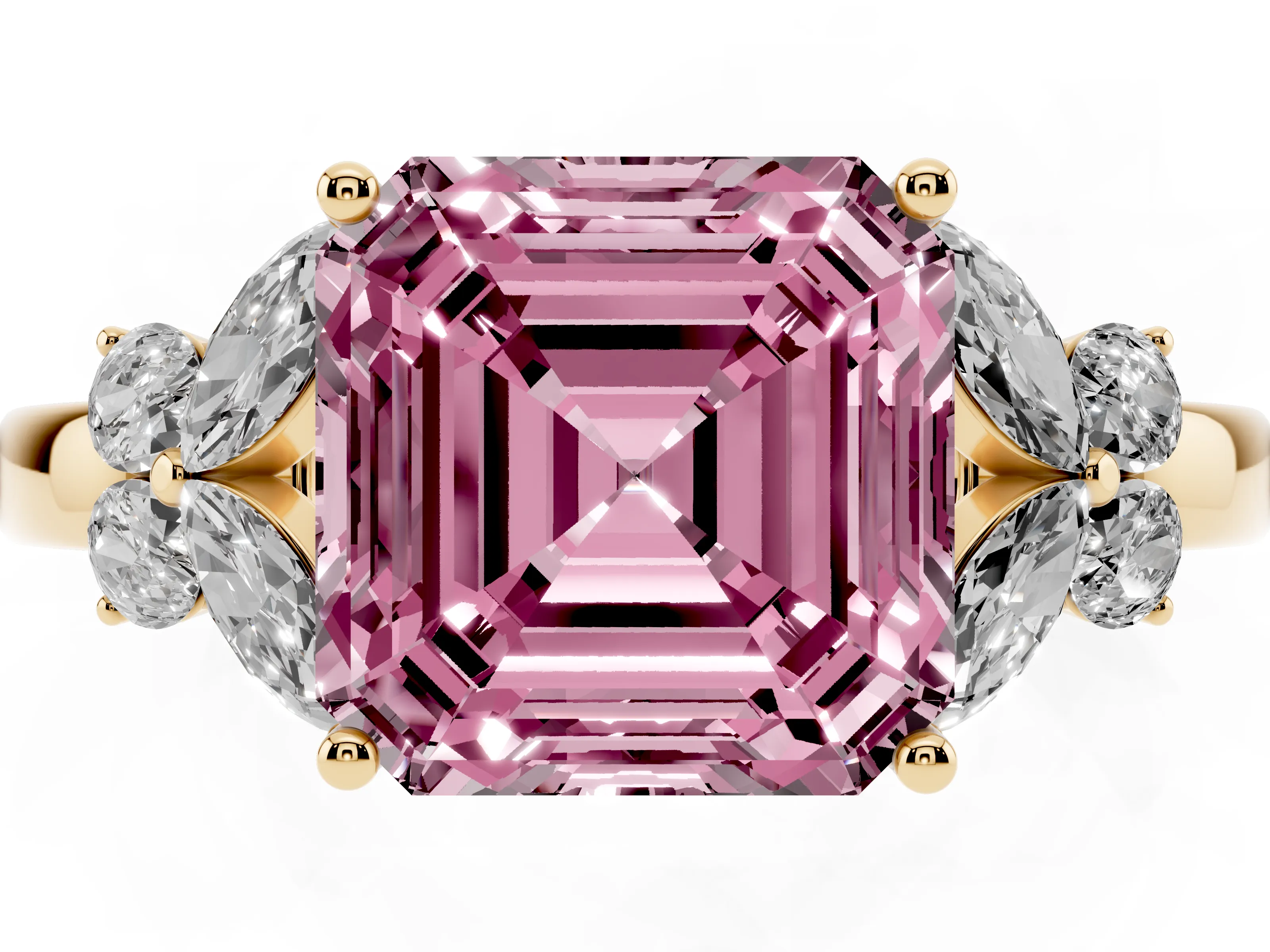 Fancy Pink Asscher Cut Diamond Solitaire Floral Ring Set in Yellow gold with Marquise Petals and Prong Setting