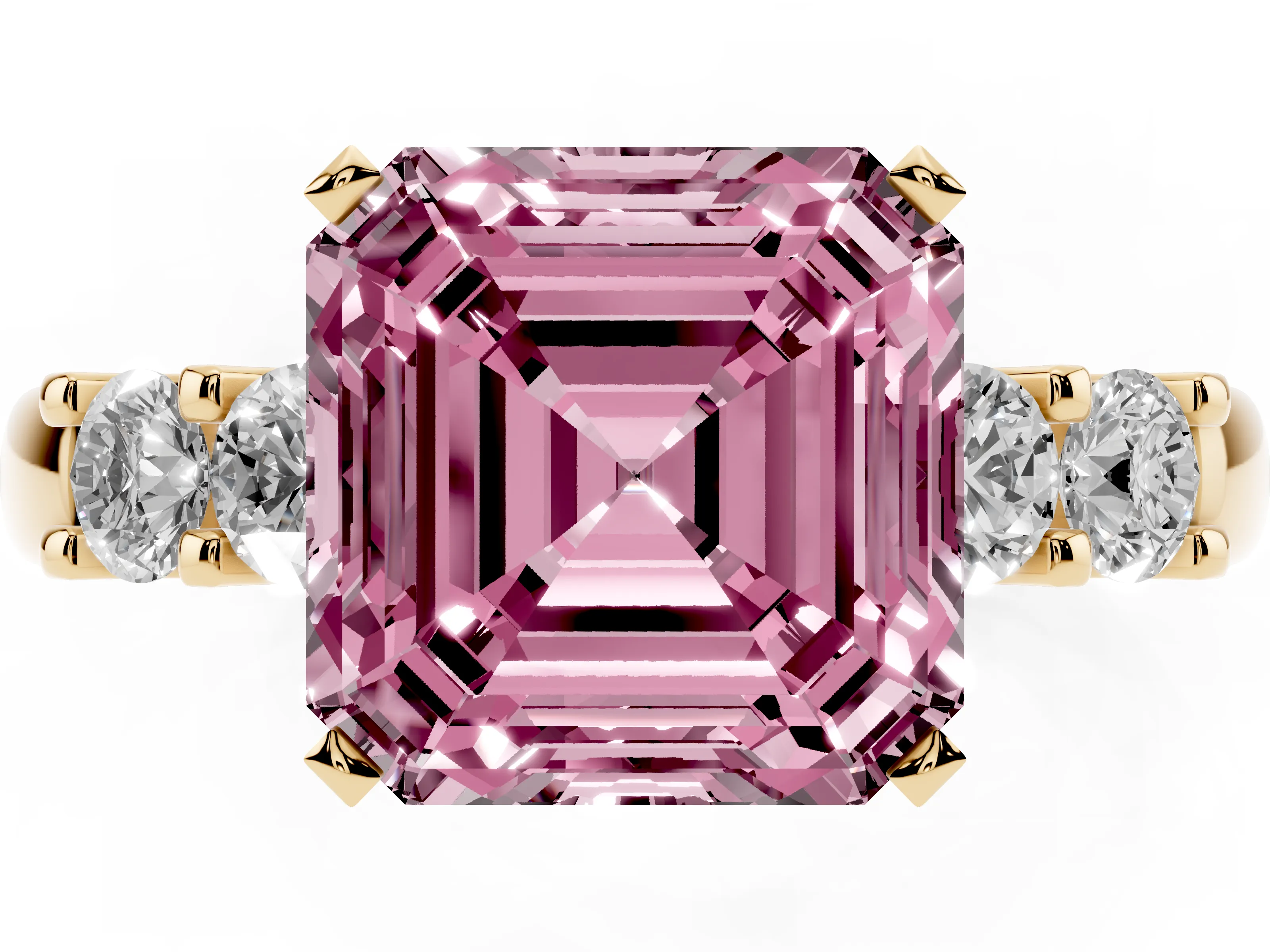 Fancy Pink Asscher Cut Diamond Five-Stone Prong Set Engagement Ring Set in Yellow gold with Channel Band