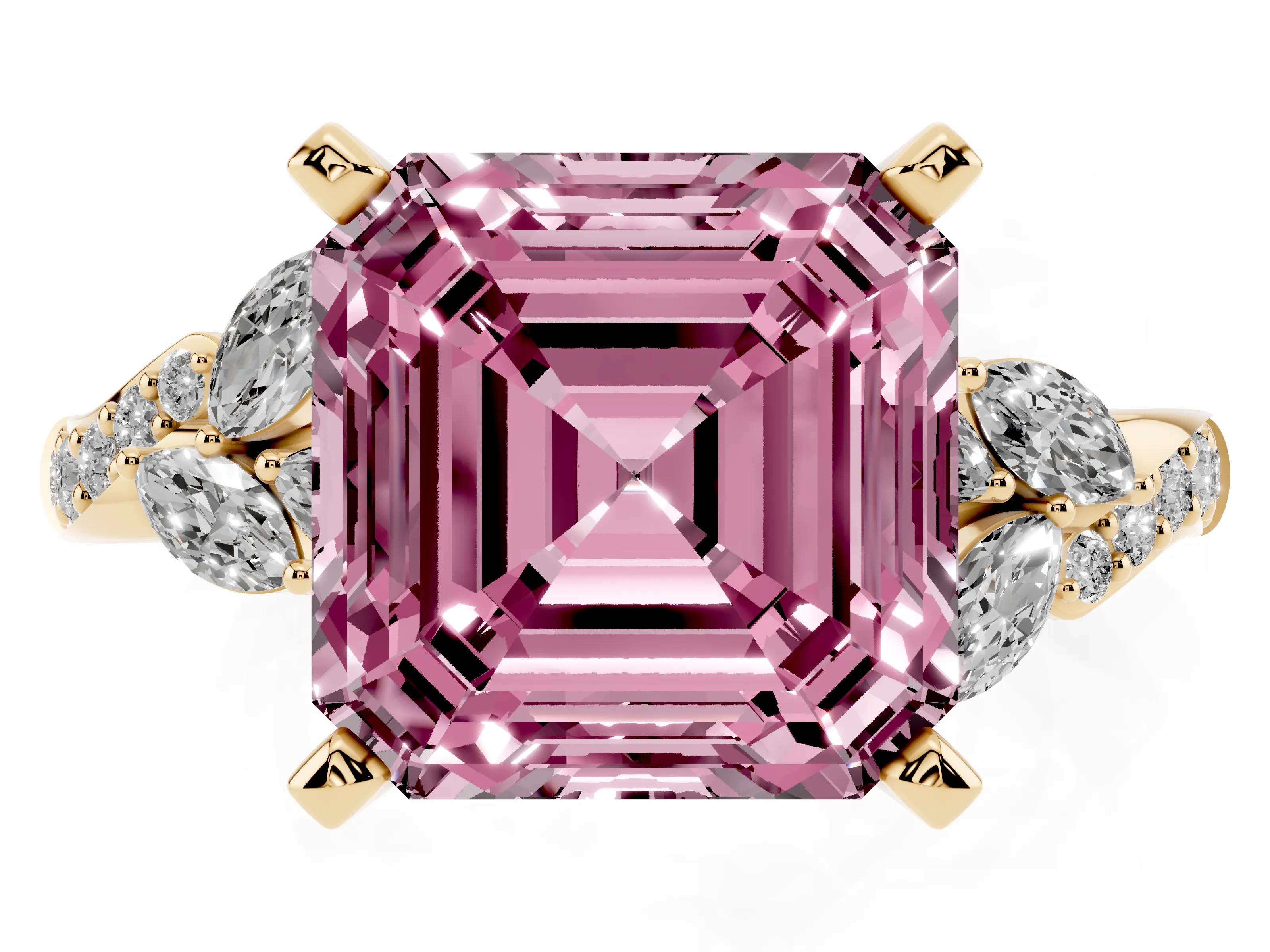 Fancy Pink Asscher Cut Diamond Solitaire Ring Set in Yellow gold with Marquise Twist Band and Prong Setting