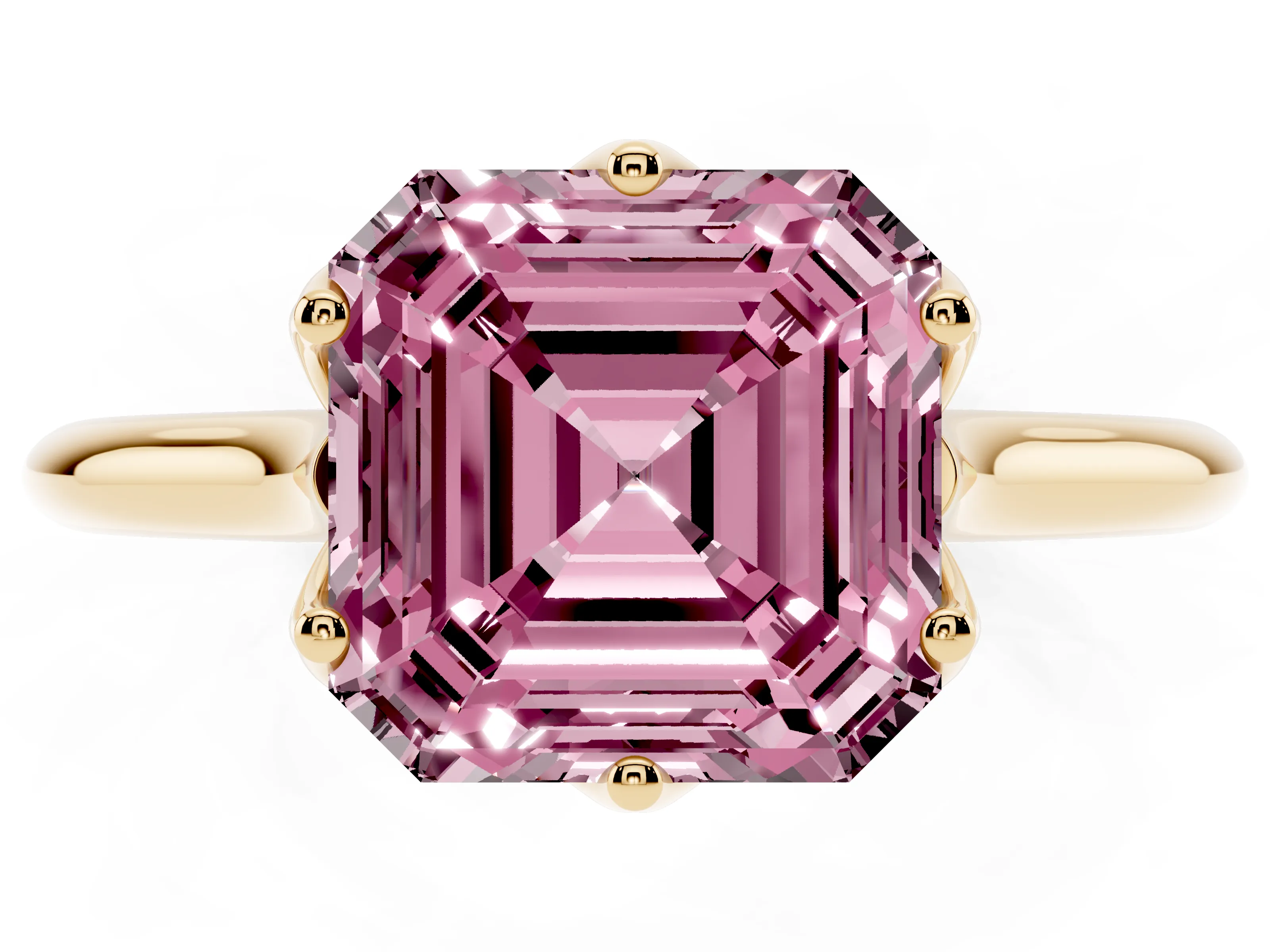 Fancy Pink Asscher Cut Diamond Solitaire Cathedral Ring Set in Yellow gold with Prong Setting