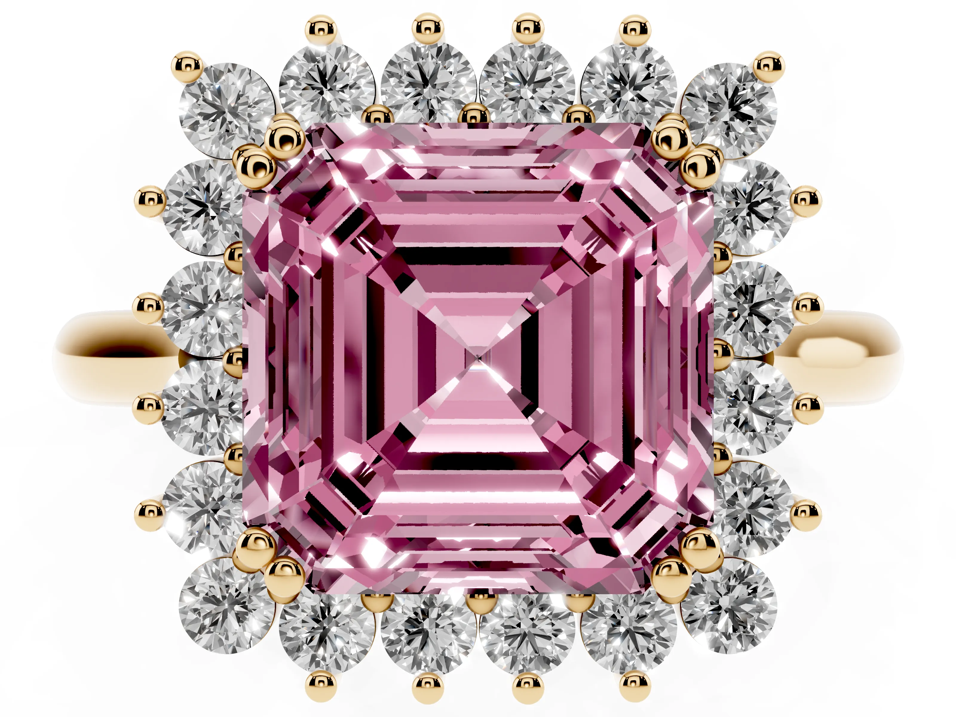 Fancy Pink Asscher Cut Diamond Halo Ring Set in Yellow gold with Plain Solitaire Band and Prong Setting