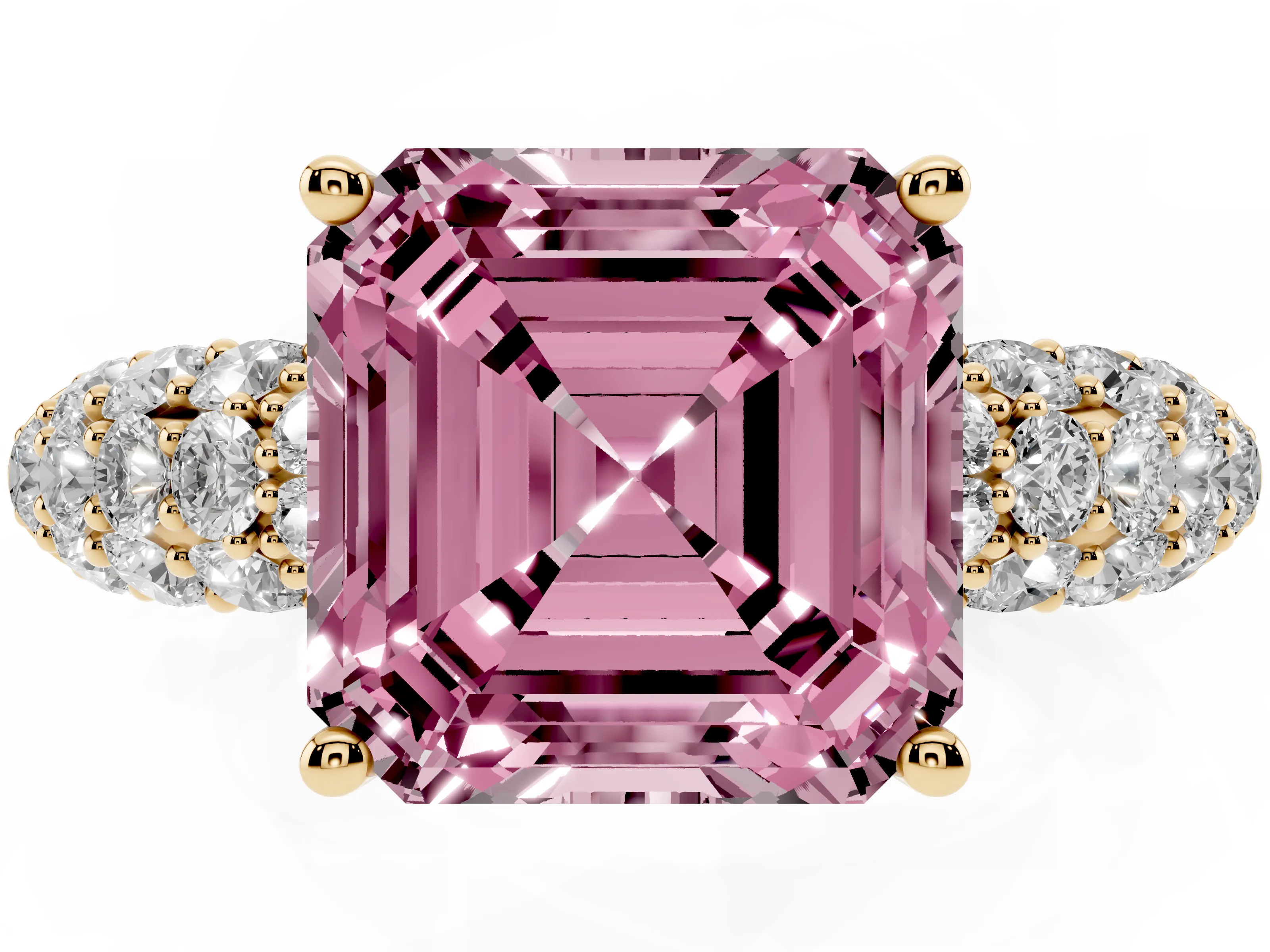 Fancy Pink Asscher Cut Diamond Pavé Band Solitaire Ring Set in Yellow gold with Close-Set Accent Stones and Prong Setting