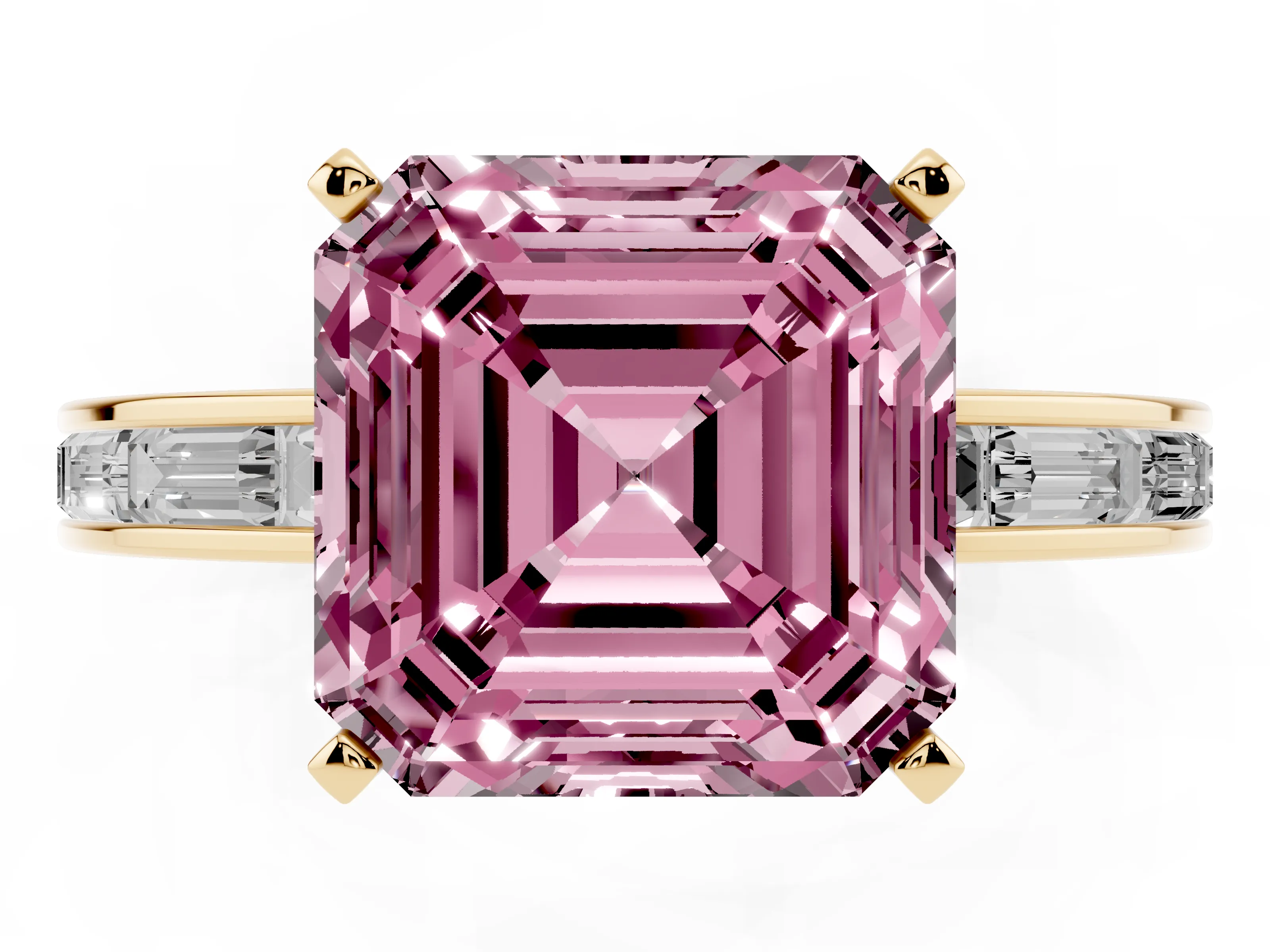 Fancy Pink Asscher Cut Diamond Solitaire Ring Set in Yellow gold with Channel-Set Baguette Band and Prong Setting