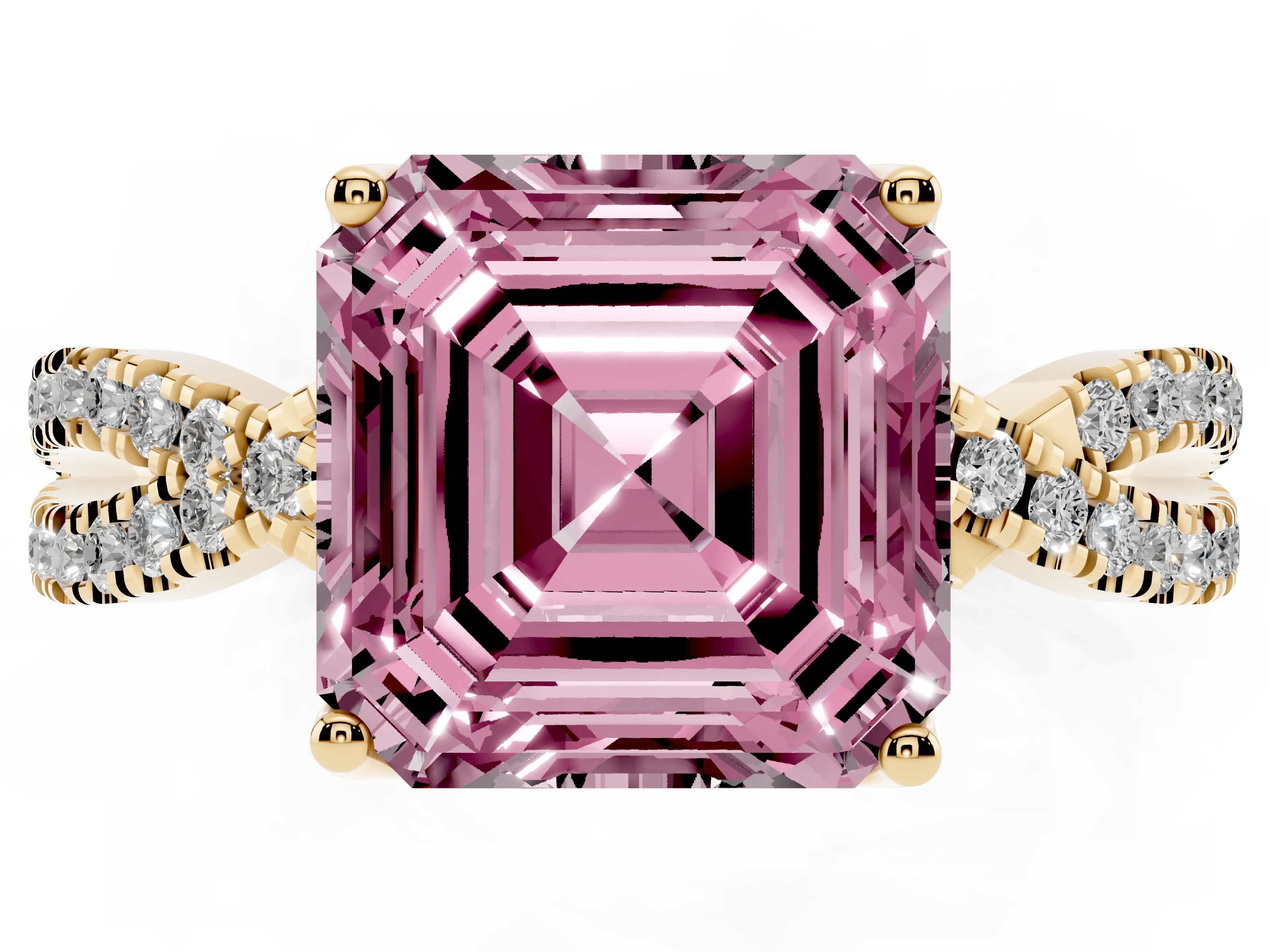 Fancy Pink Asscher Cut Diamond Twist Pavé Solitaire Engagement Ring Set in Yellow gold with Prong Setting