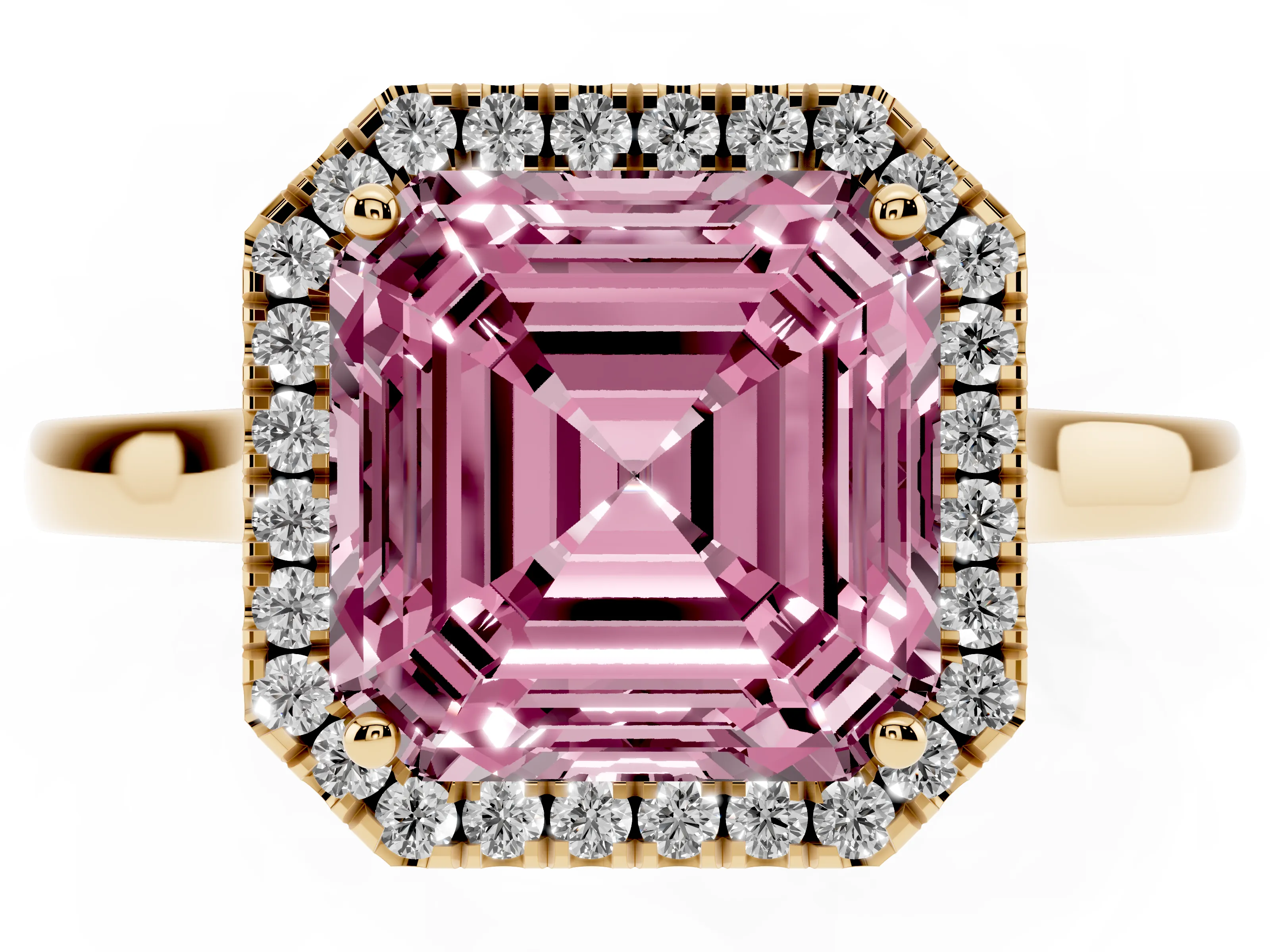 Fancy Pink Asscher Cut Halo Round Diamond Solitaire Ring Set in Yellow gold with Pavé Band and Prong Setting