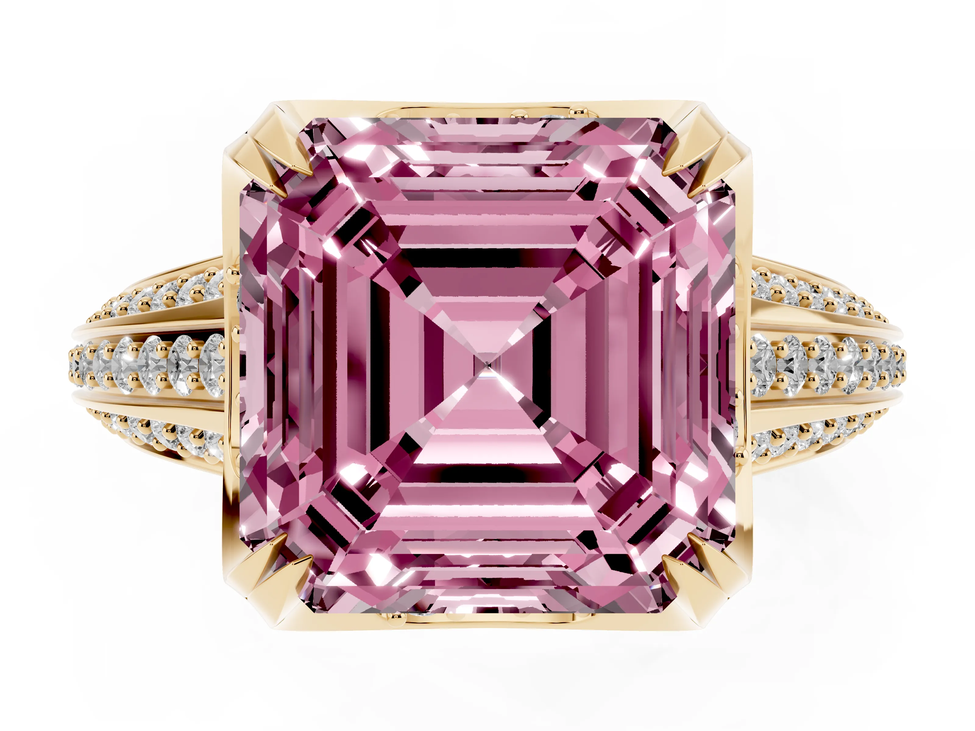 Fancy Pink Asscher Cut Diamond Pavé Split Shank Solitaire Ring Set in Yellow gold with Prong Setting