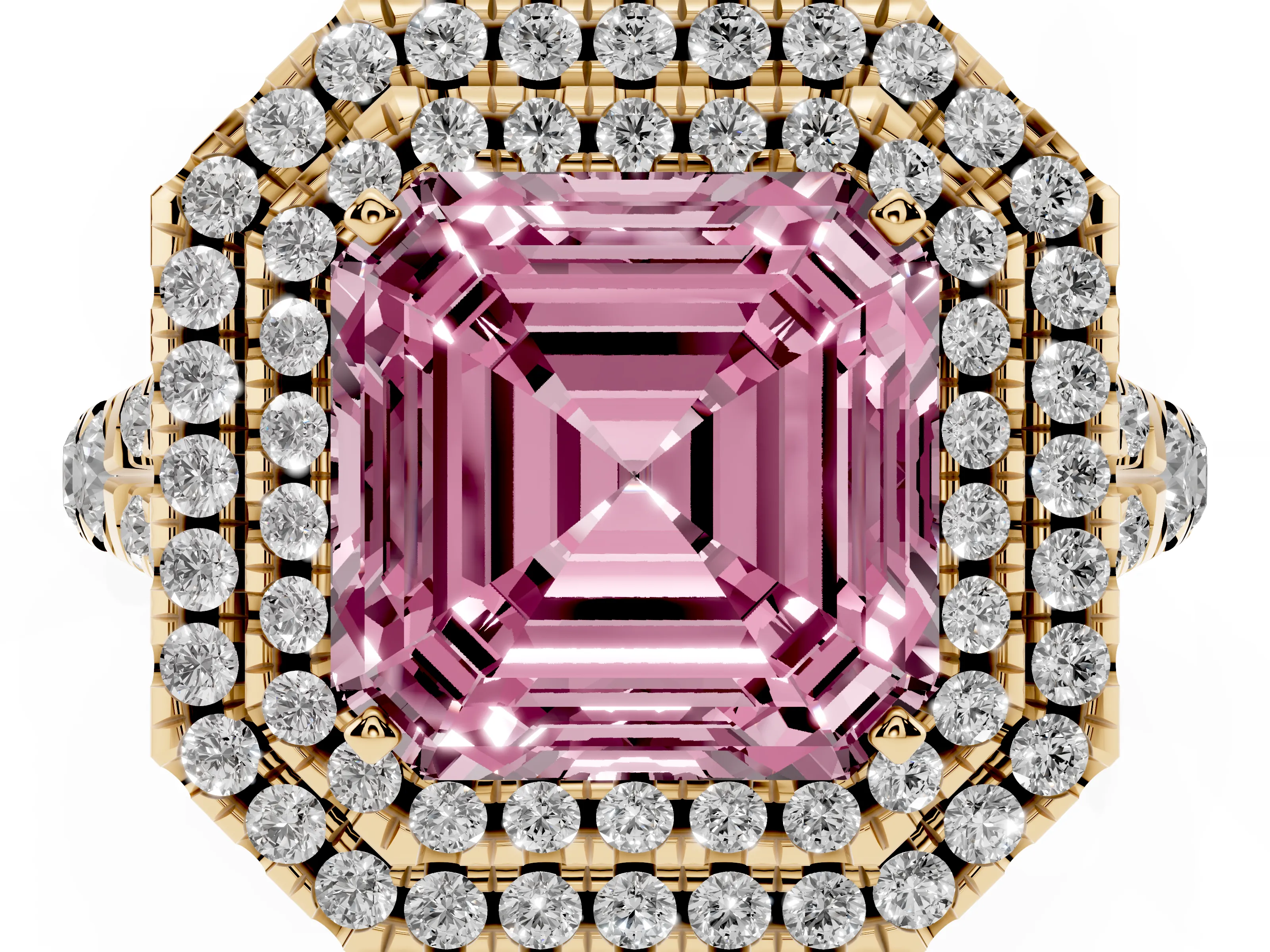 Fancy Pink Asscher Cut Diamond Pavé Split Shank Double Halo Engagement Ring Set in Yellow gold