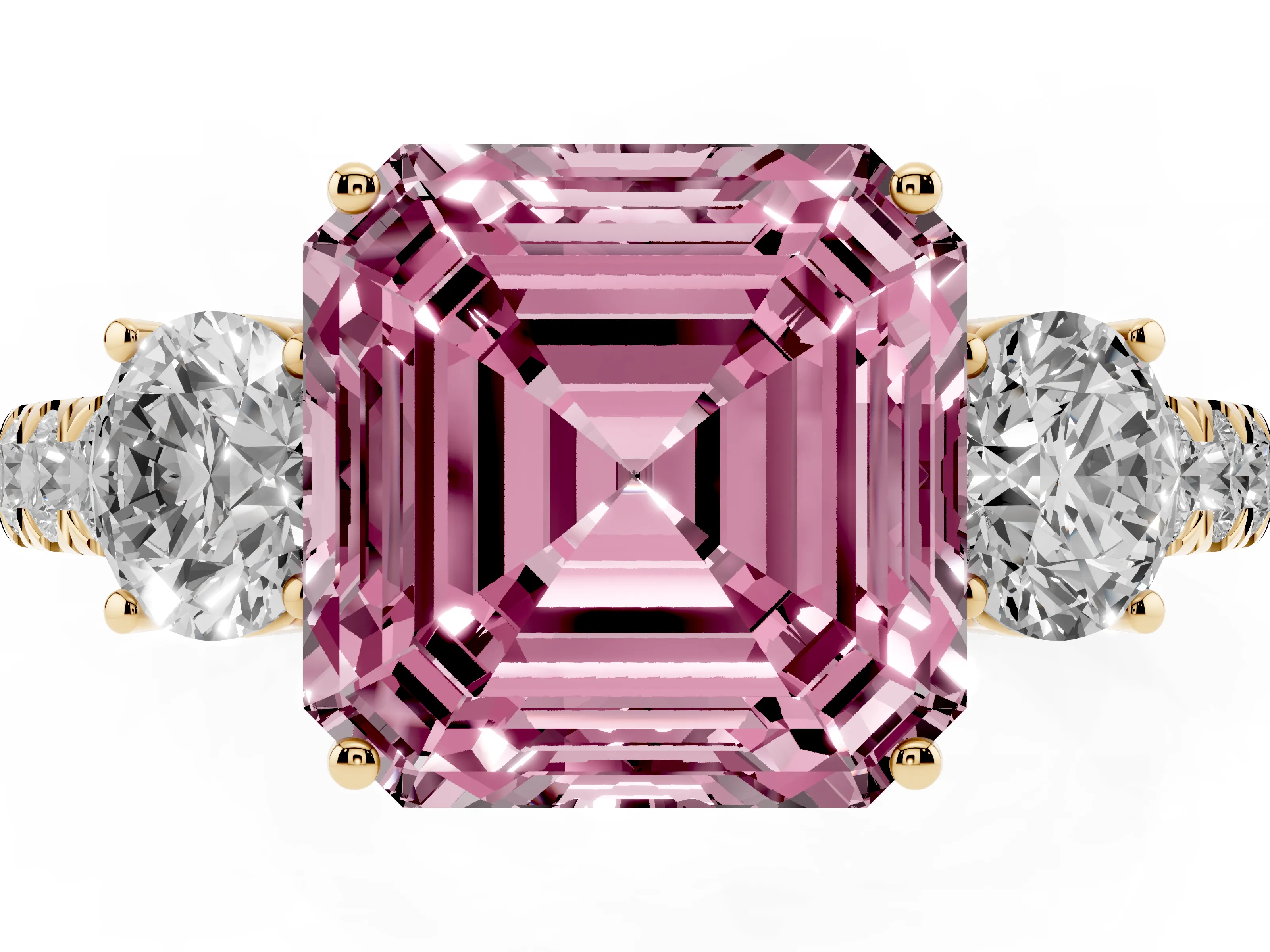 Fancy Pink Asscher Cut Diamond Three-Stone Ring Set in Yellow gold with Round Side Stones and Delicate Pavé Band