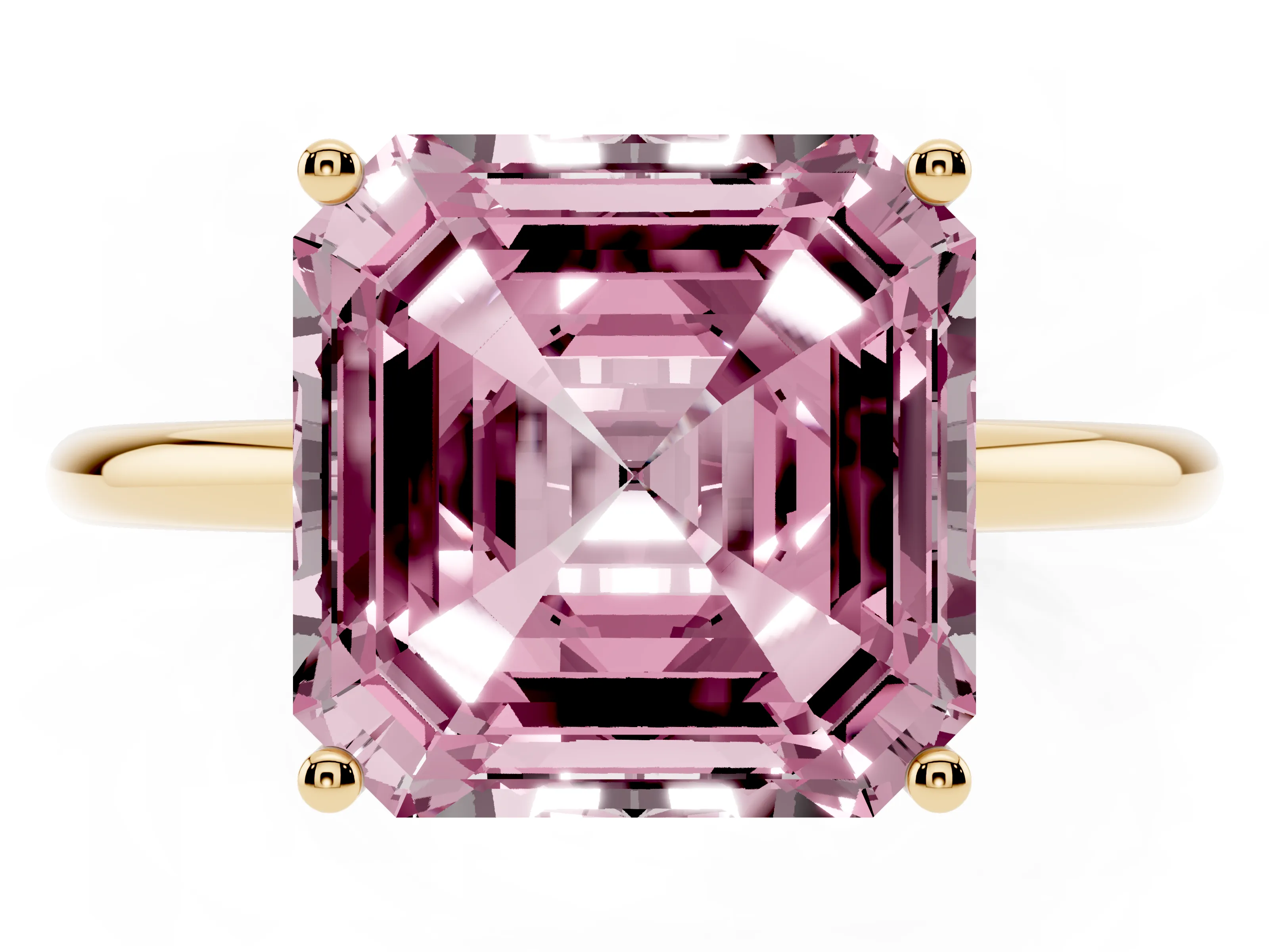 Fancy Pink Asscher Cut Diamond Solitaire Engagement Ring Set in Yellow gold with Thin Band and Prong Setting