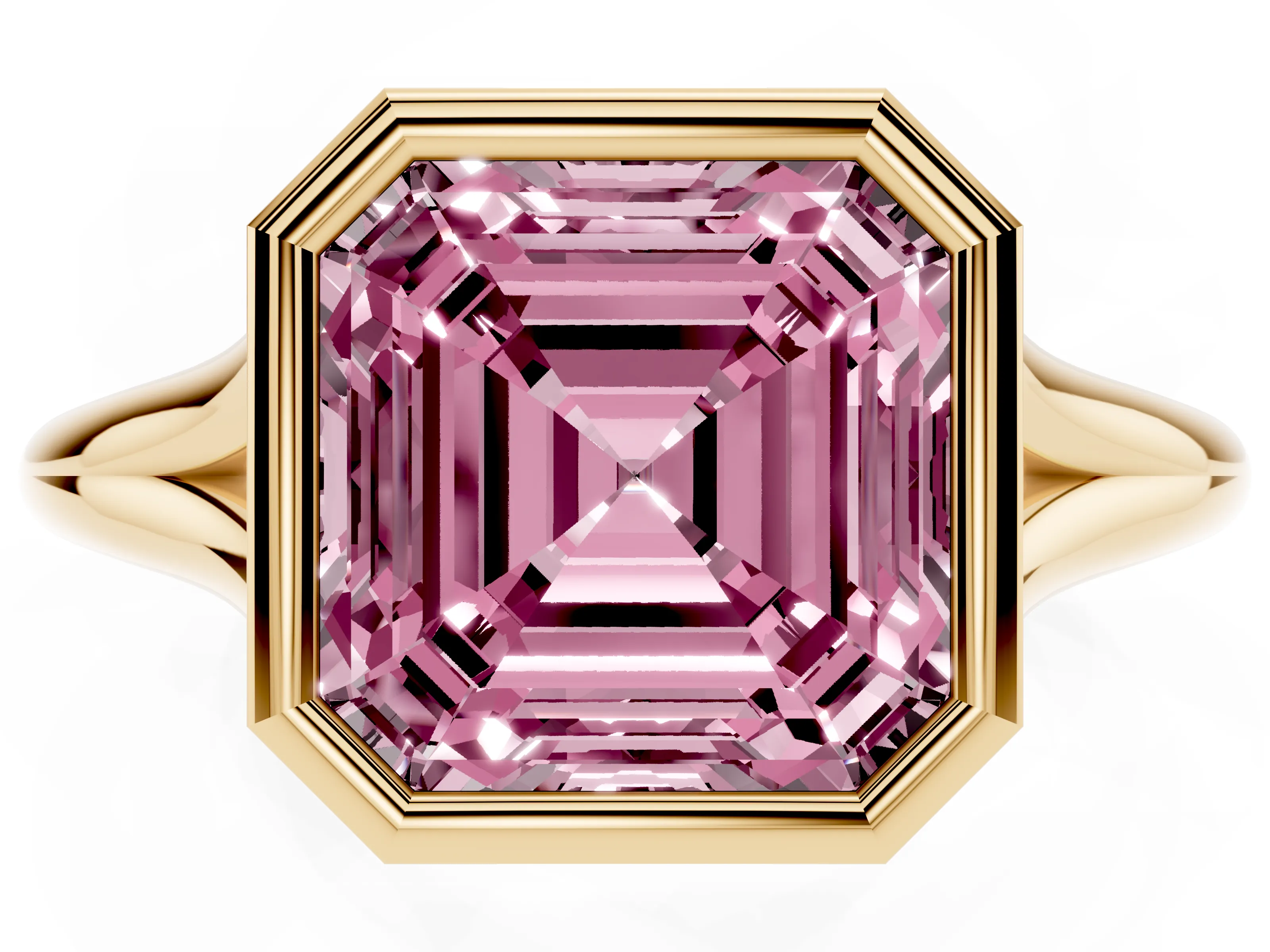 Fancy Pink Bezel Set Asscher Cut Diamond Solitaire Ring Set in Yellow gold with Tapered Band