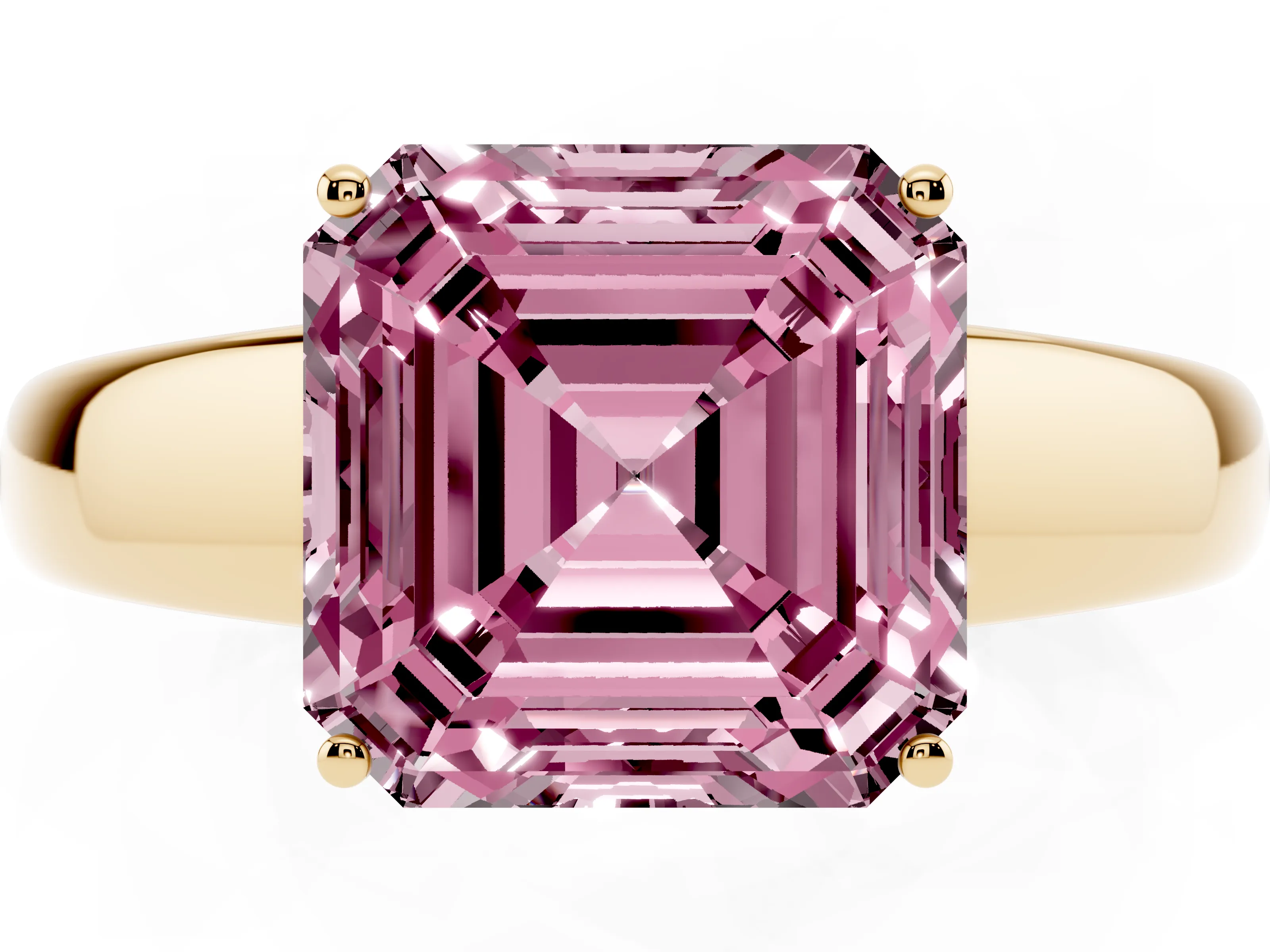Fancy Pink Asscher Cut Diamond Solitaire Ring Set in Yellow gold with Tapered Band and Prong Setting