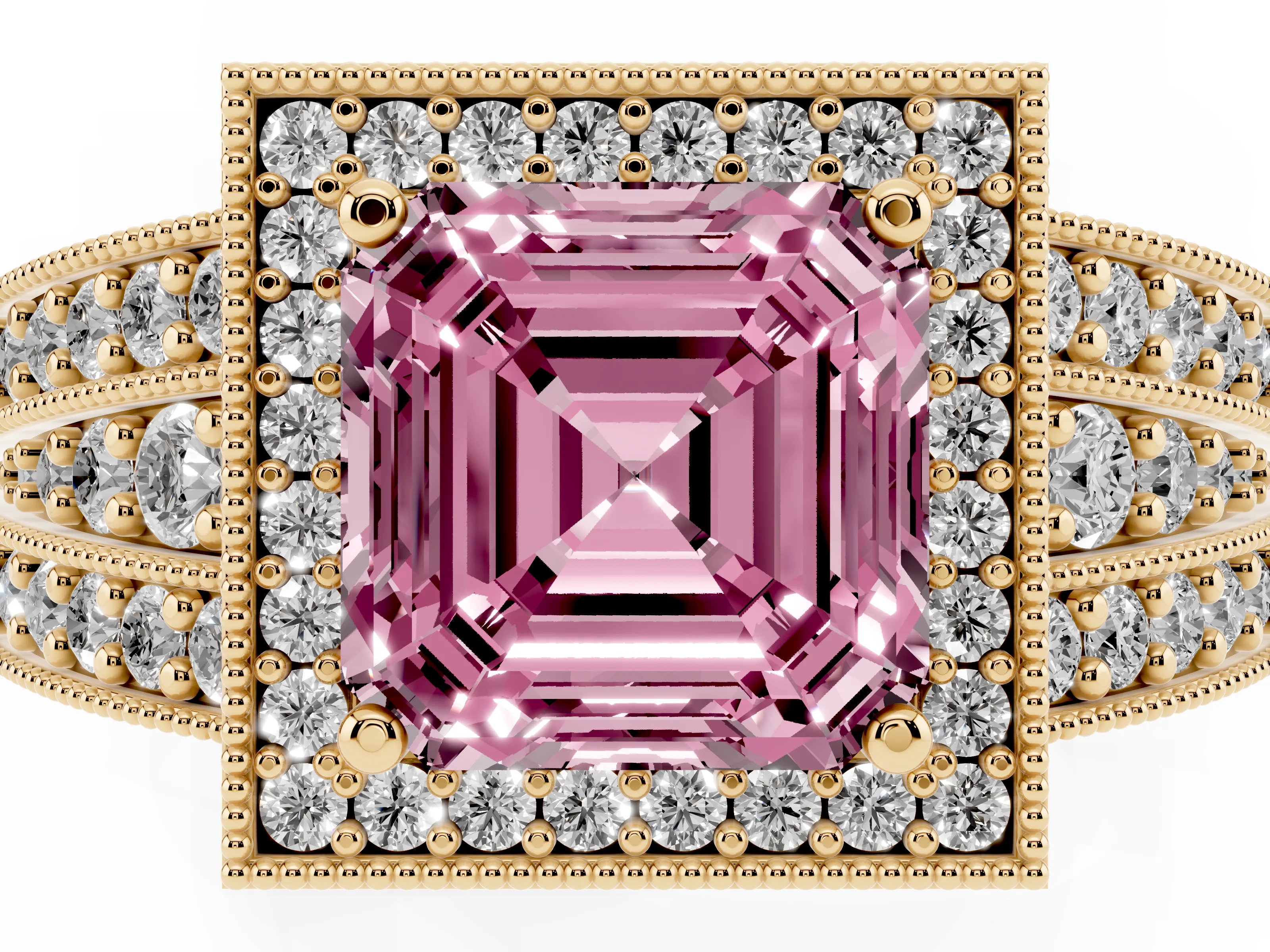 Fancy Pink Asscher Cut Diamond Halo Ring Set in Yellow gold with Accent Split Shank and Prong Setting