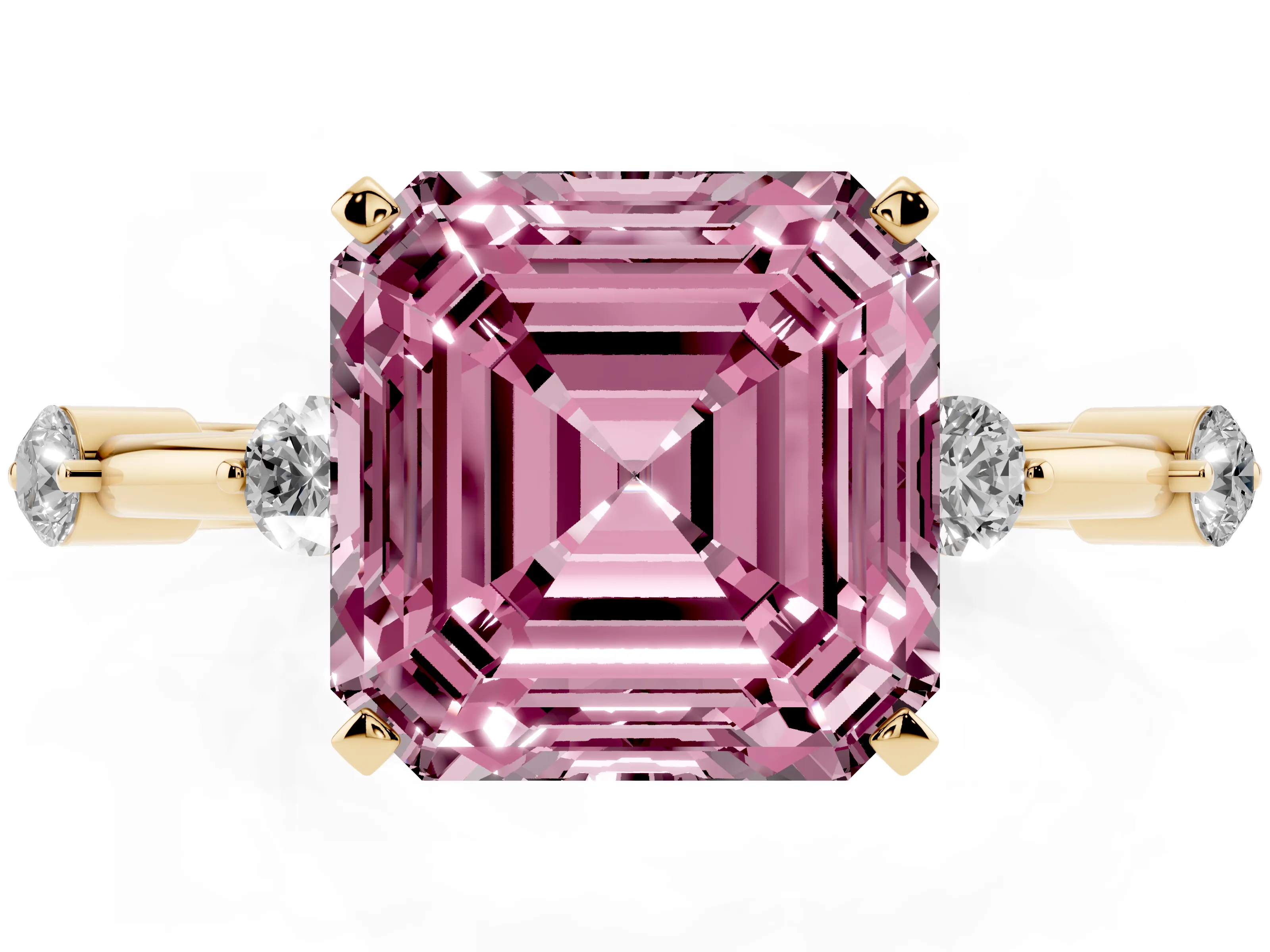 Fancy Pink Asscher Cut Diamond Solitaire Ring Set in Yellow gold with Bezel Set Side Stones and Prong Setting
