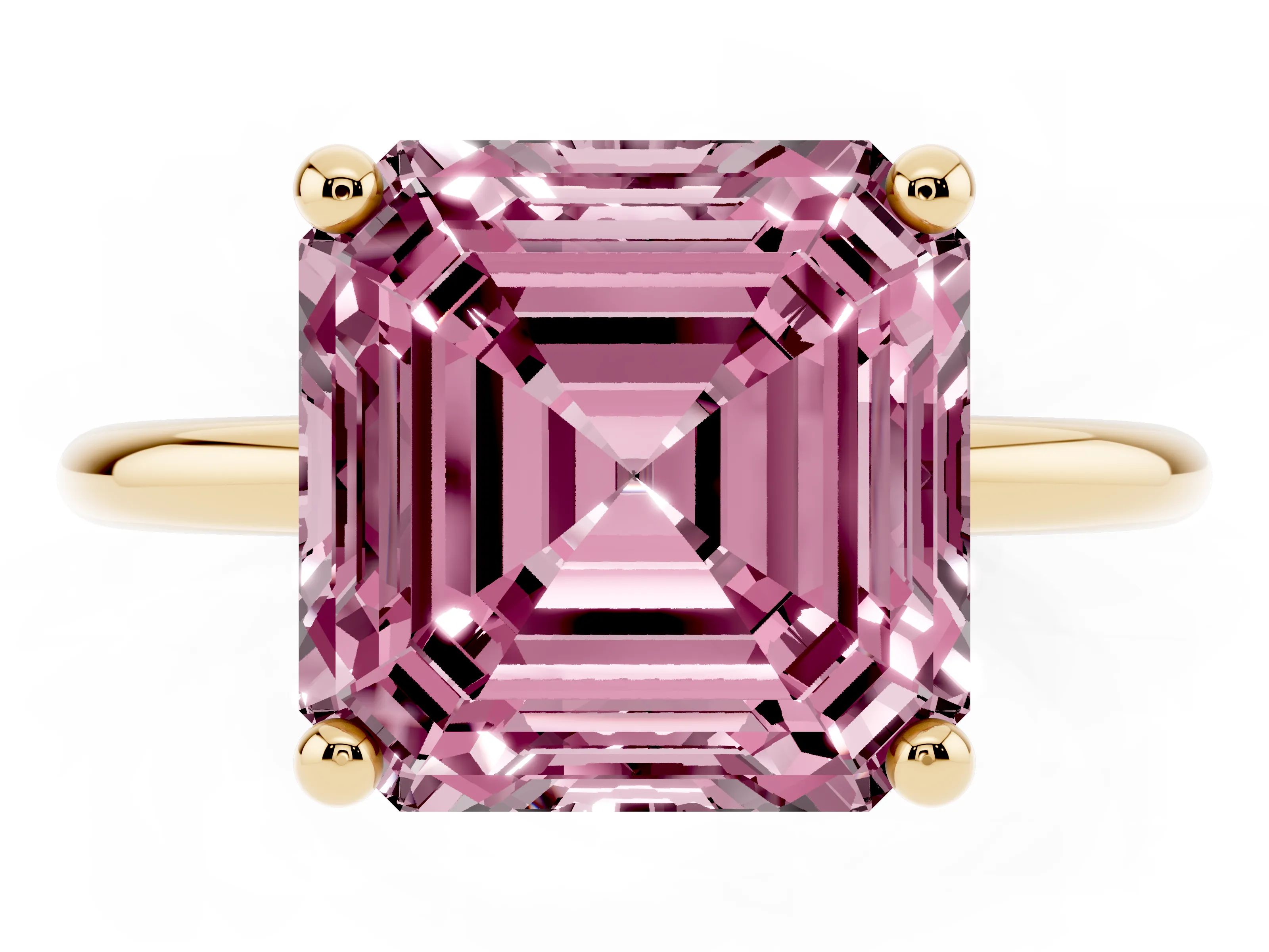 Fancy Pink Asscher Cut Diamond Solitaire Ring Set in Yellow gold with Secure Prong Setting on a Classic Band