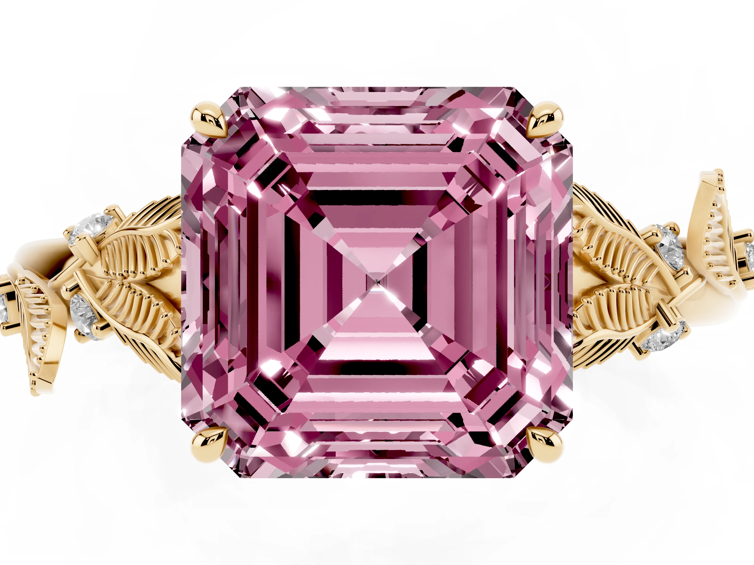 Fancy Pink Asscher Cut Diamond Solitaire Ring Set in Yellow gold with Leaf Motif Band