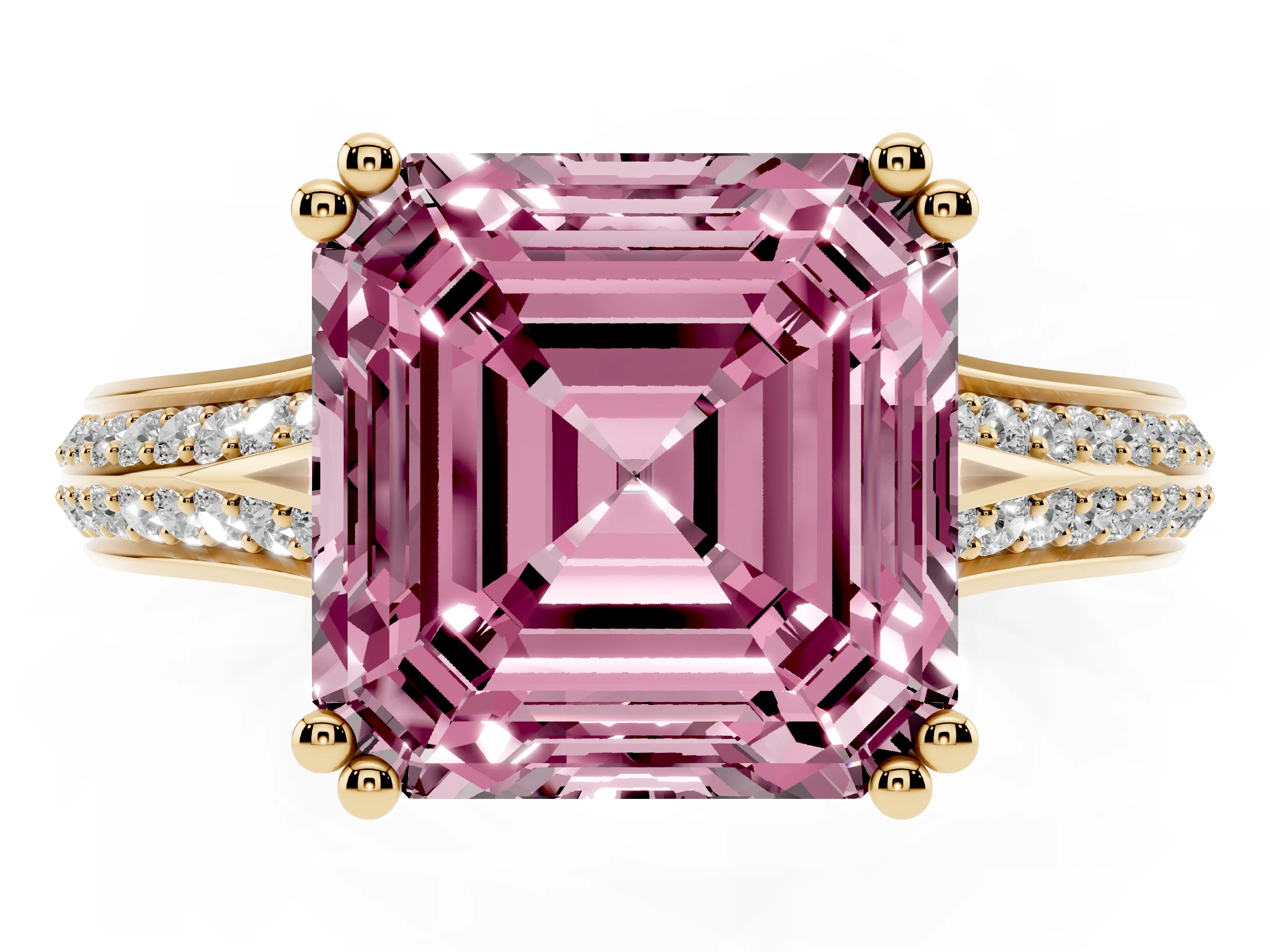 Fancy Pink Asscher Cut Diamond Split Shank Pavé Engagement Ring Set in Yellow gold with Prong-Set Center Stone