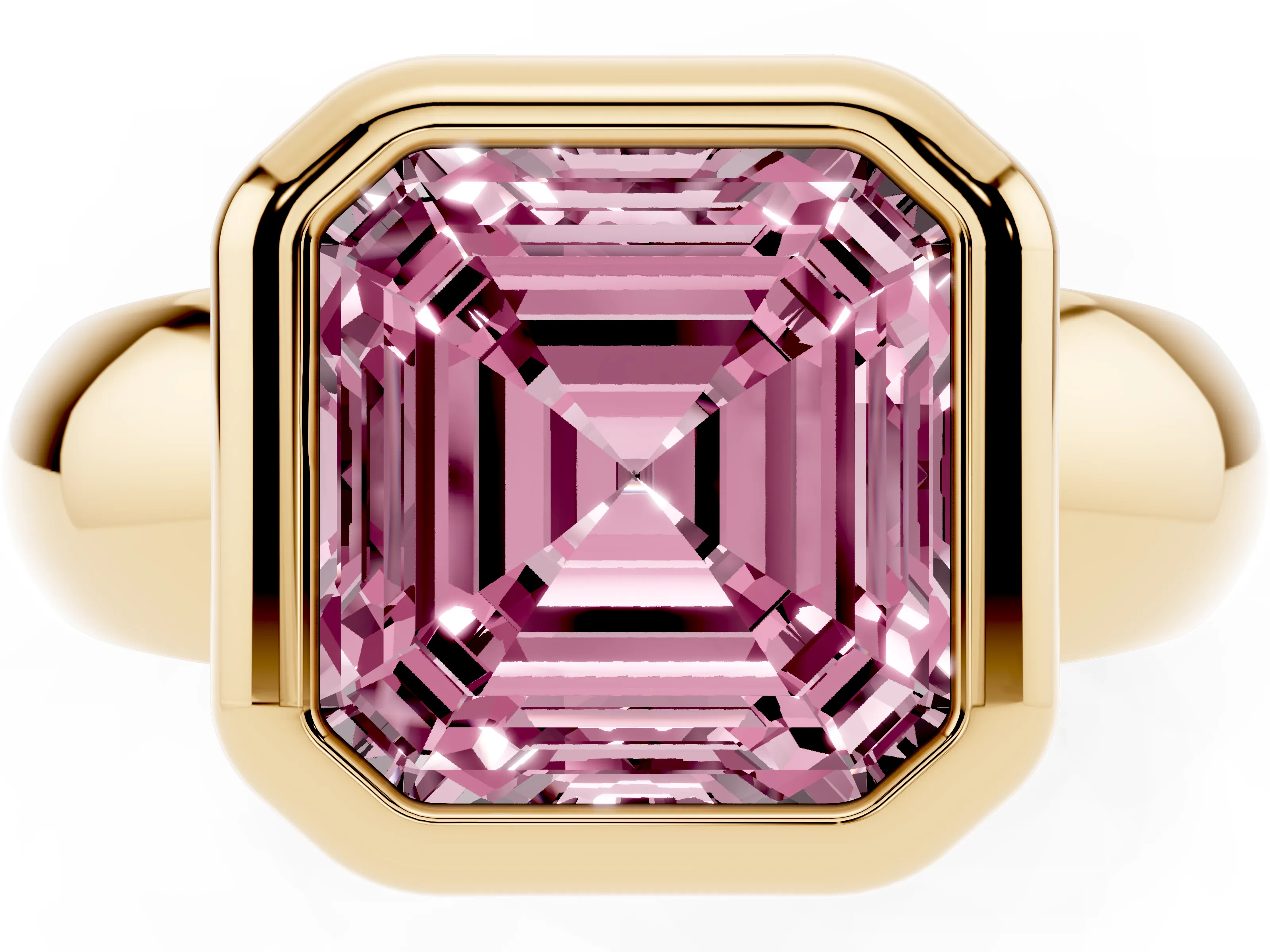 Fancy Pink Bezel Set Asscher Cut Diamond Solitaire Ring Set in Yellow gold with Wide Band