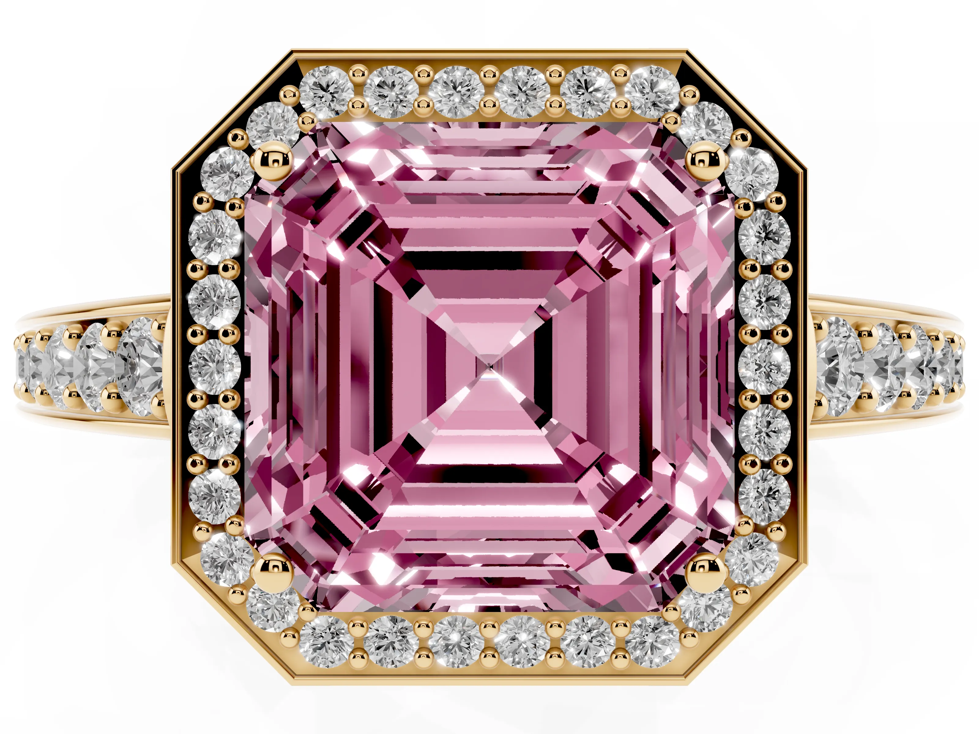 Fancy Pink Asscher Cut Diamond Halo Pavé Engagement Ring Set in Yellow gold with Bezel Setting