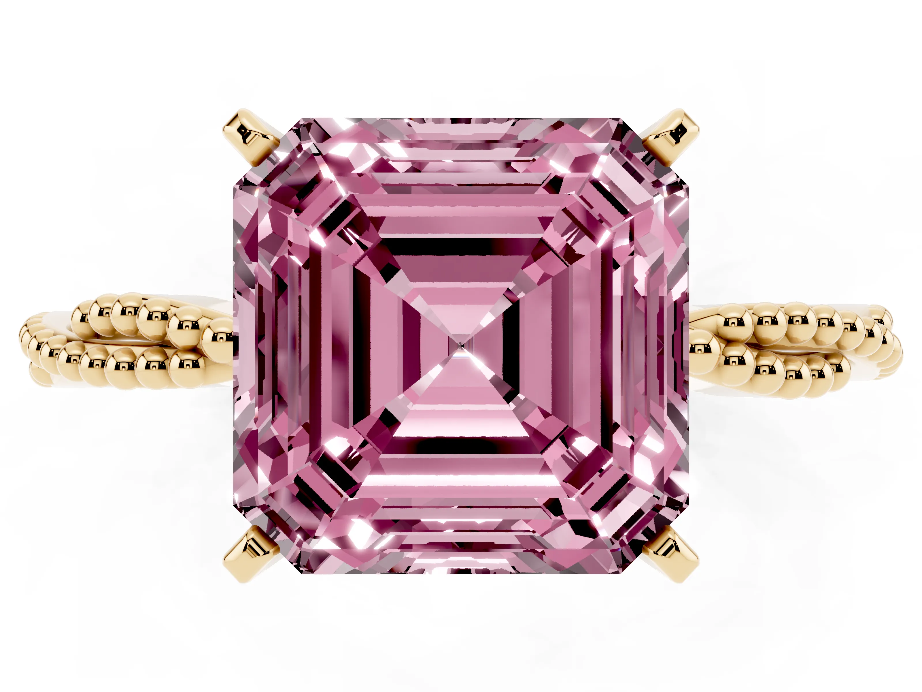 Fancy Pink Asscher Cut Diamond Solitaire Ring Set in Yellow gold with Twisted Band and Bead Prong Setting