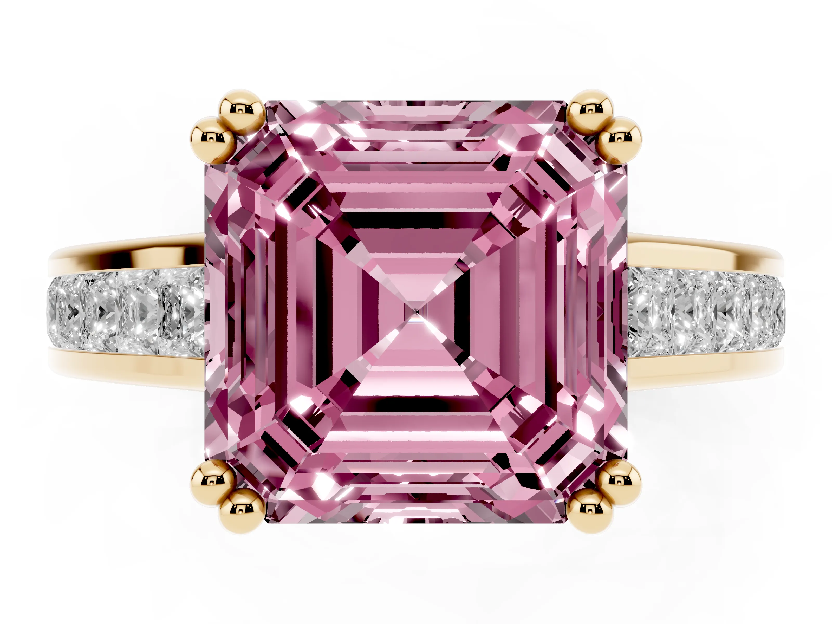 Fancy Pink Asscher Cut Diamond Channel Set Solitaire Engagement Ring Set in Yellow gold with Prong Setting