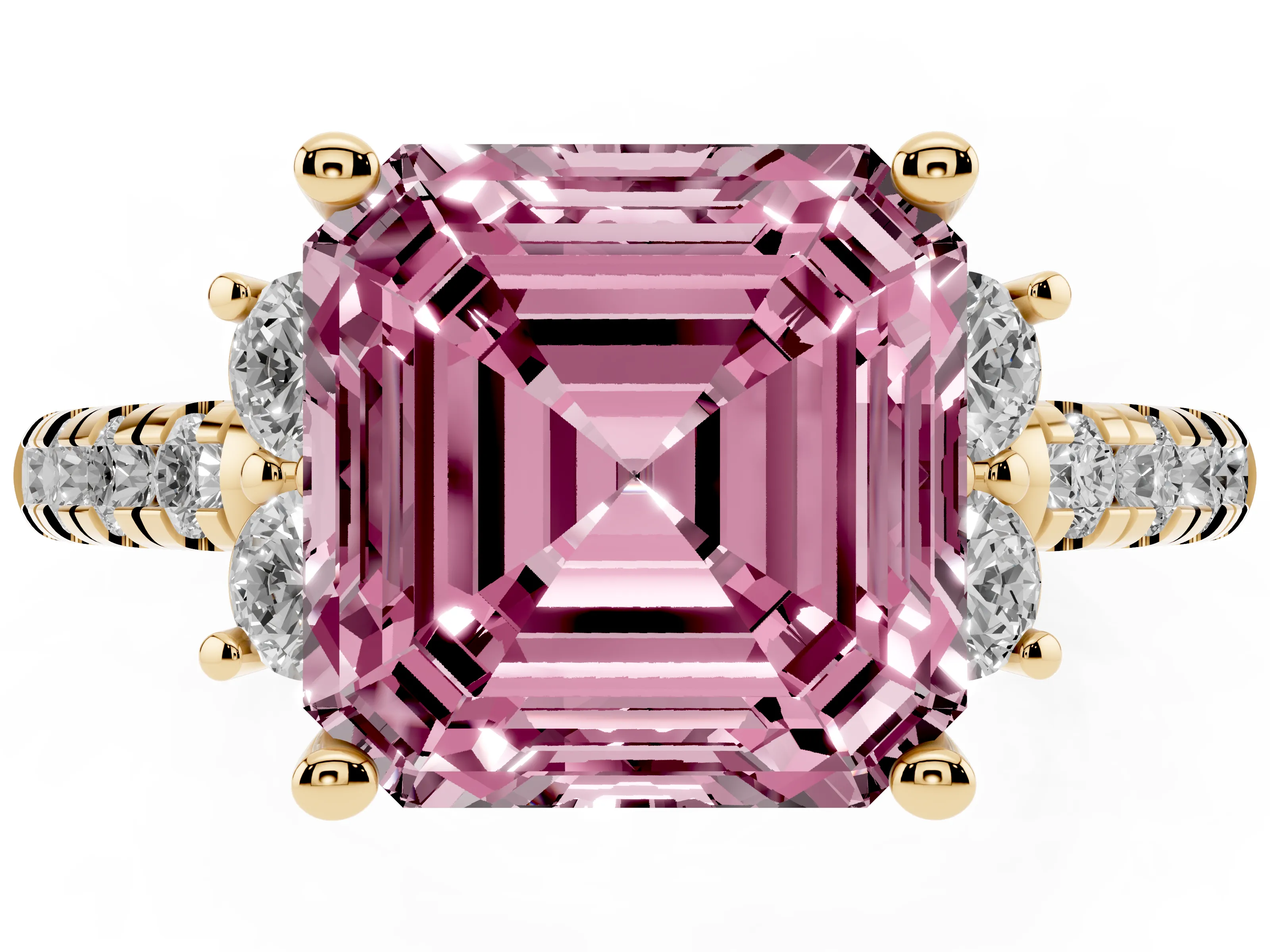 Fancy Pink Asscher Cut Diamond Three-Stone Pavé Ring Set in Yellow gold with Prong Setting