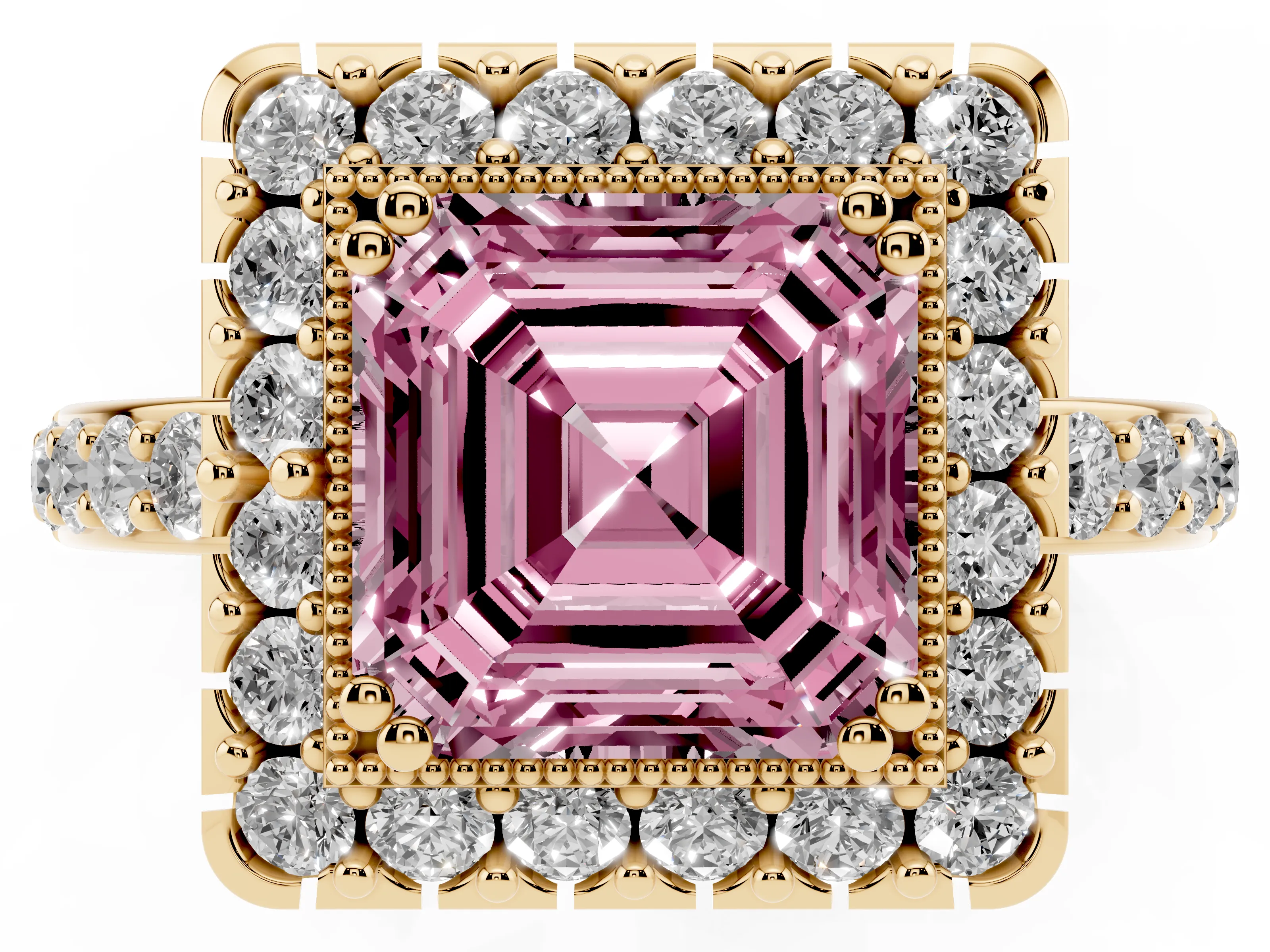 Fancy Pink Asscher Cut Diamond Halo Ring Set in Yellow gold with Pavé Shank and Prong Setting