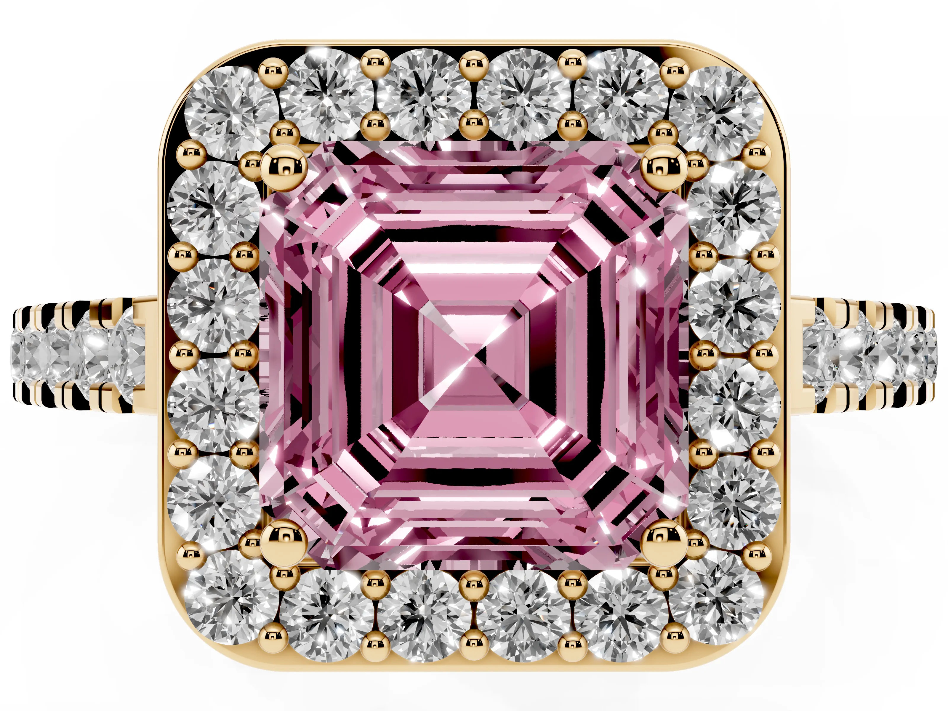 Fancy Pink Asscher Cut Diamond Halo Ring Set in Yellow gold with Round Pavé Split Shank and Prong Setting