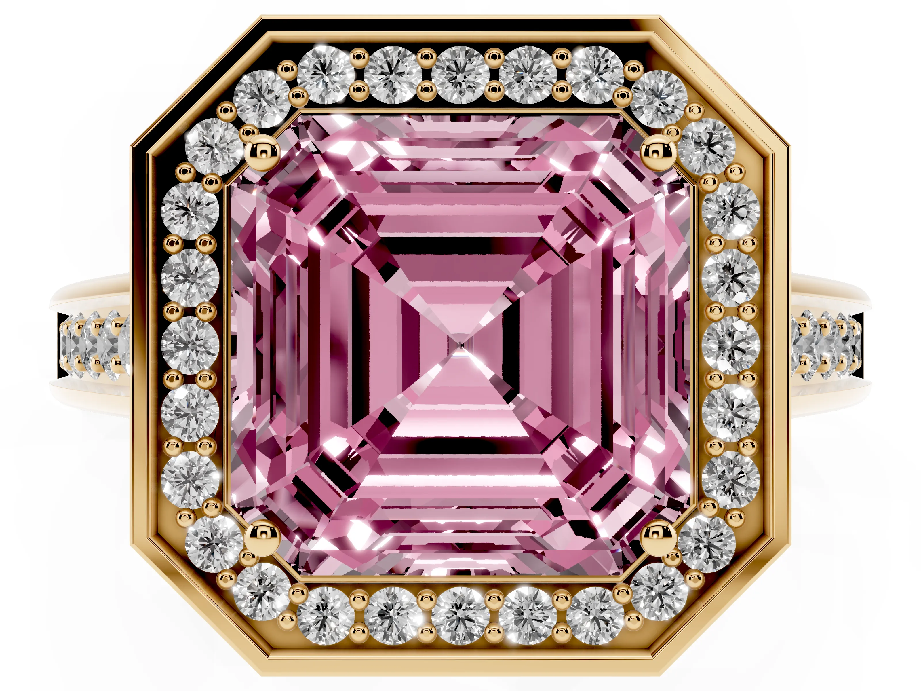Fancy Pink Asscher Cut Diamond Halo Solitaire Ring Set in Yellow gold with Pavé Band and Bezel Setting