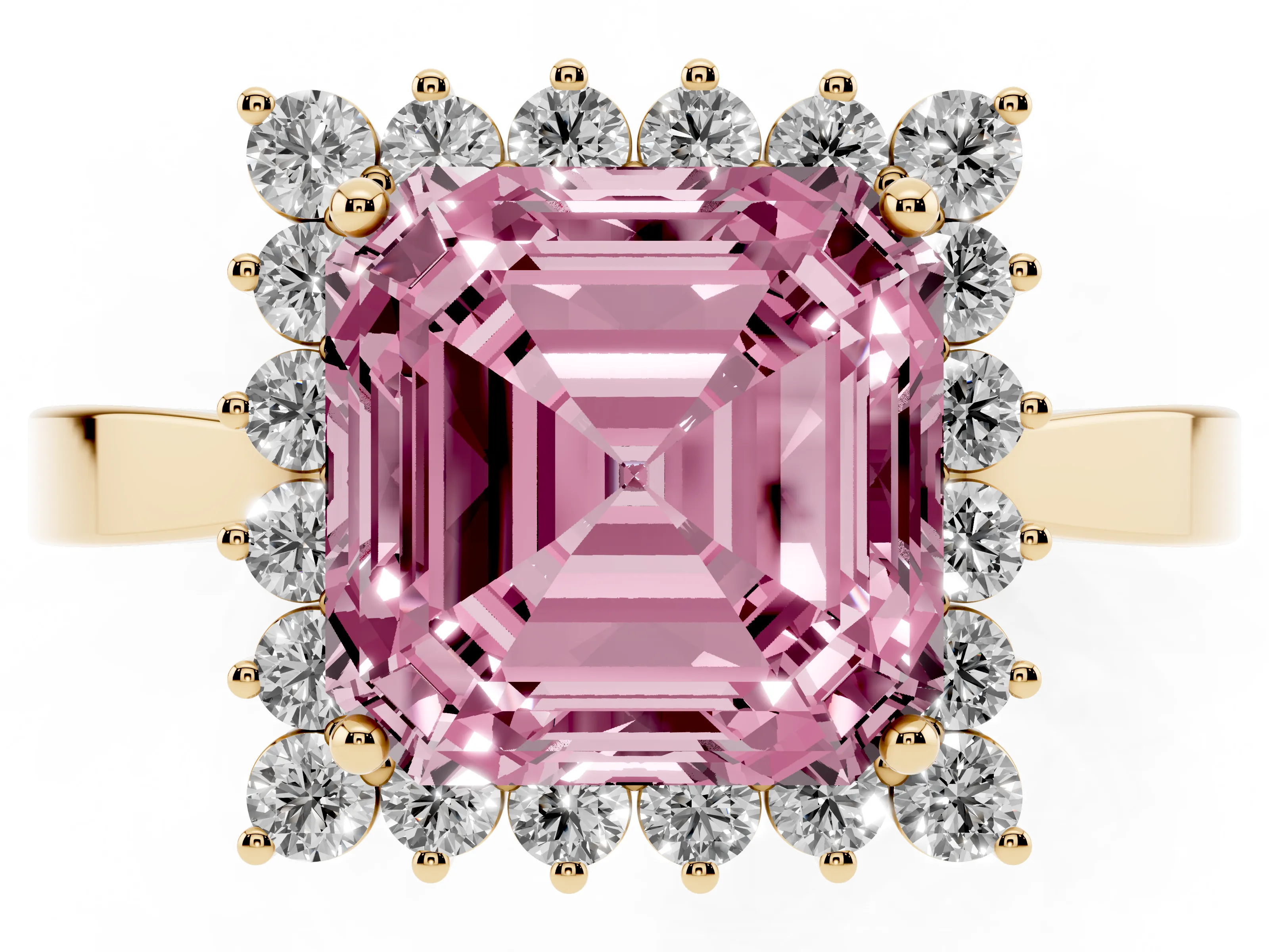 Fancy Pink Asscher Cut Diamond Halo Ring Set in Yellow gold with Round Halo and Smooth Solitaire Band