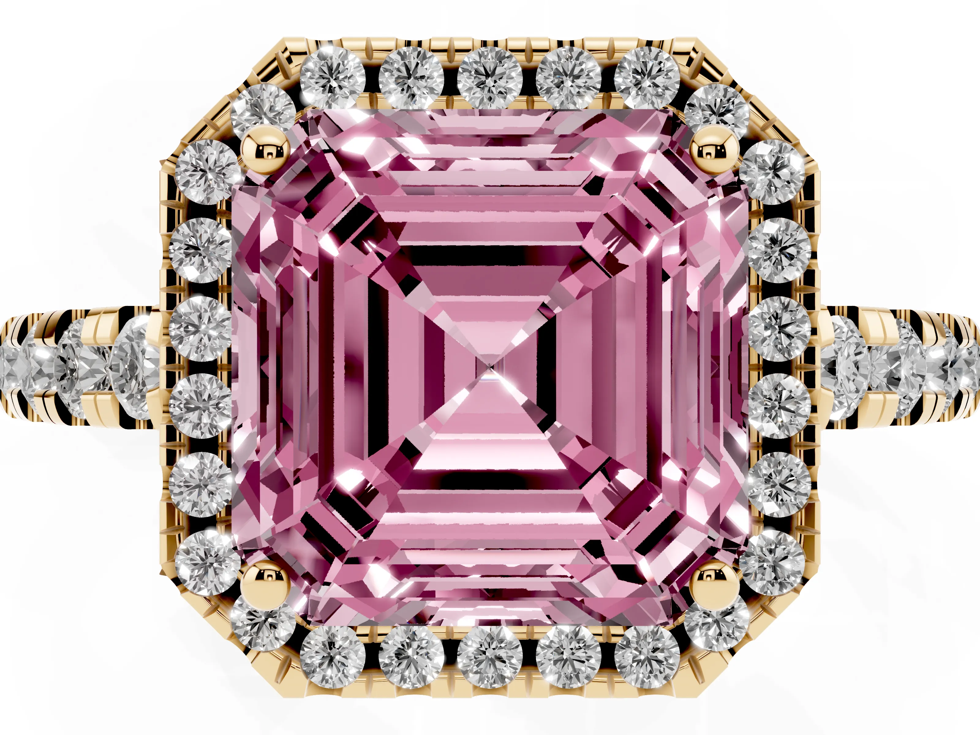 Fancy Pink Asscher Cut Diamond Halo Ring Set in Yellow gold with Delicate Pavé Band and Prong Setting